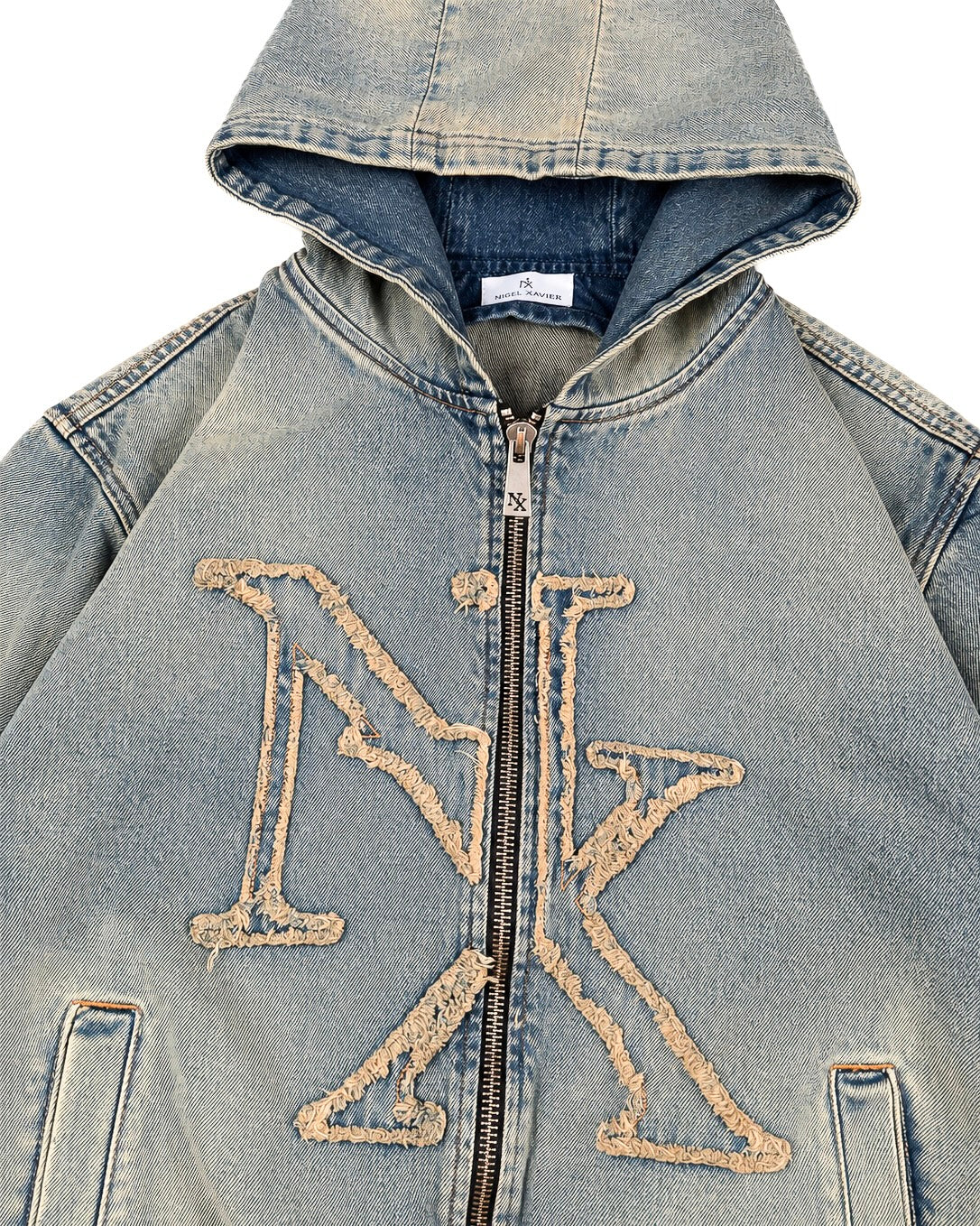 Logo Patch Denim Zip Up Hoodie