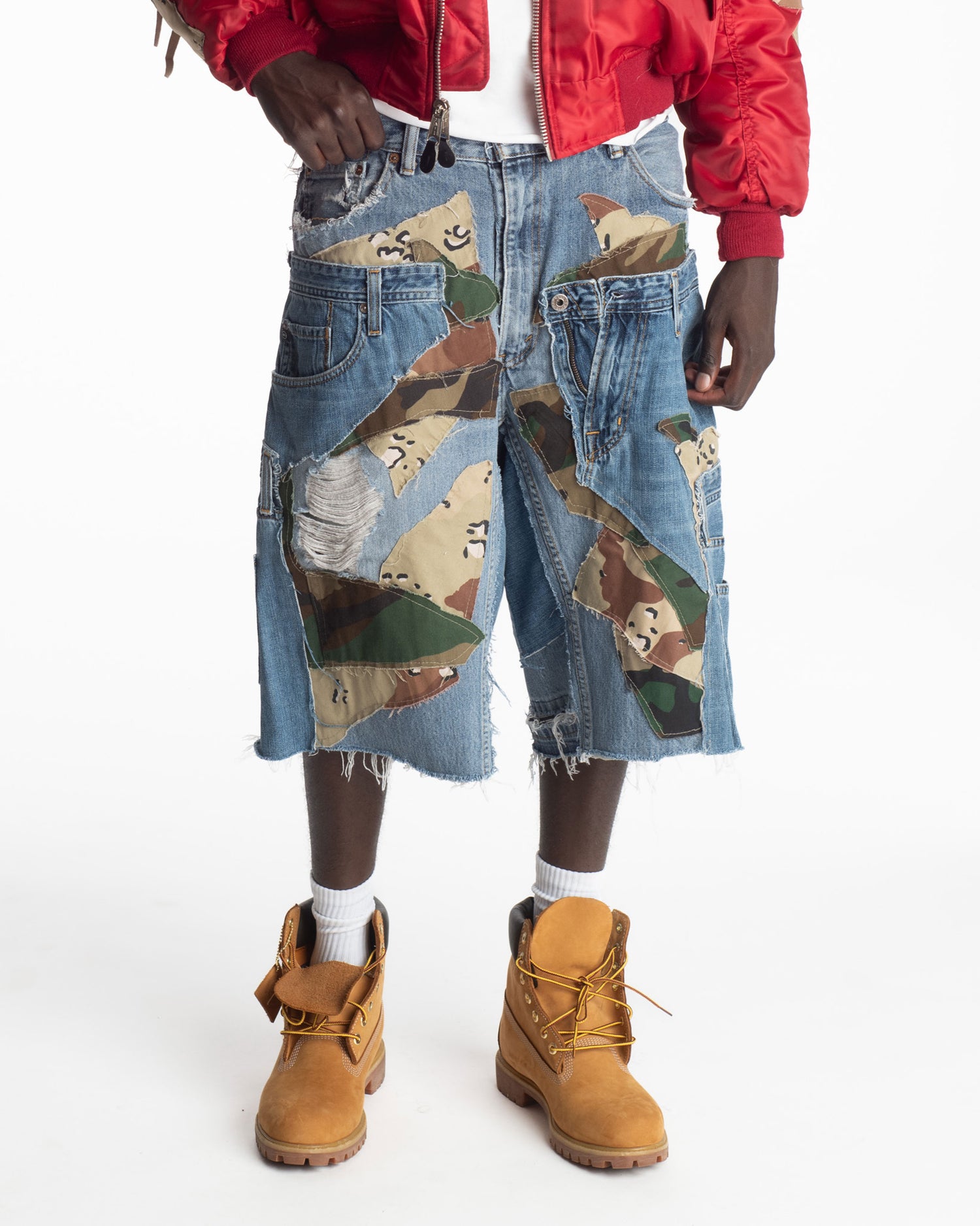 Patchwork Woodland/Desert Camo + Denim Shorts