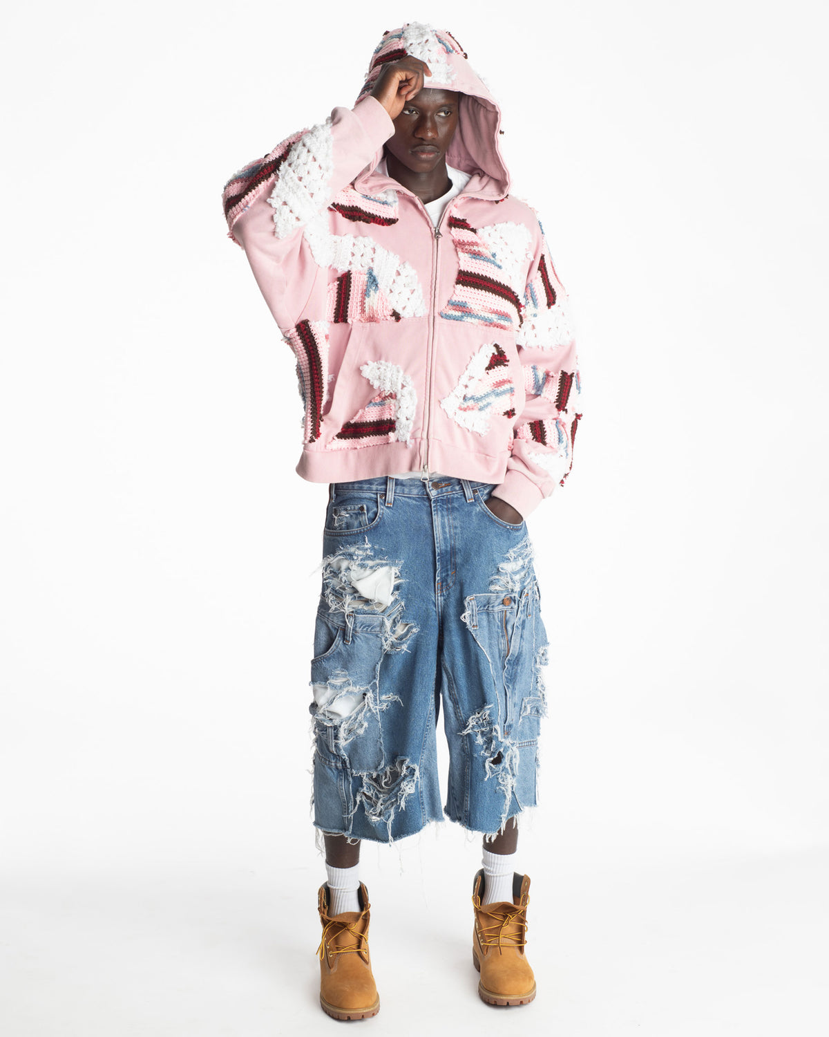 Distressed Patchwork Denim Shorts (Medium Wash Version)