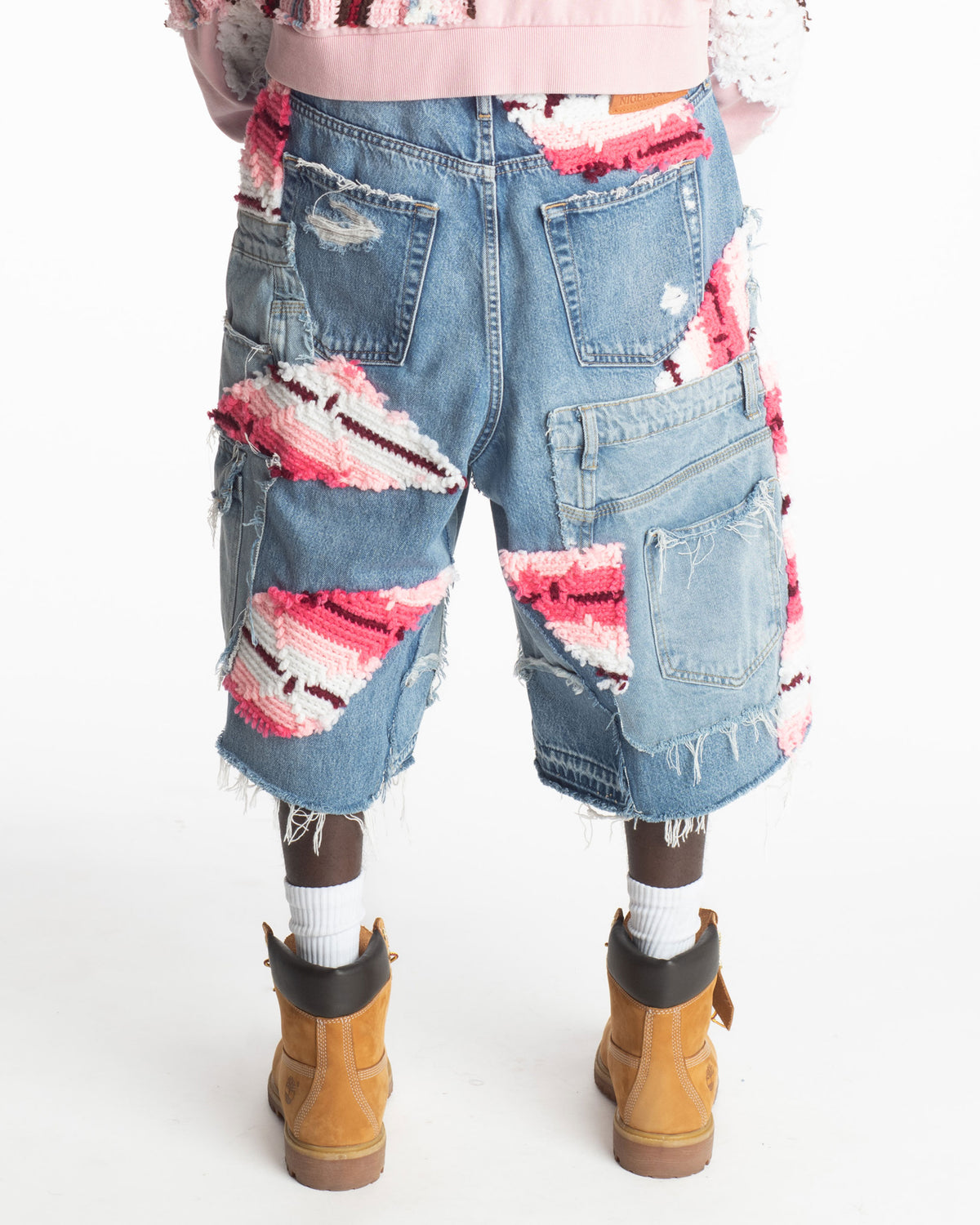 Pink Crochet x Patchwork Denim Shorts