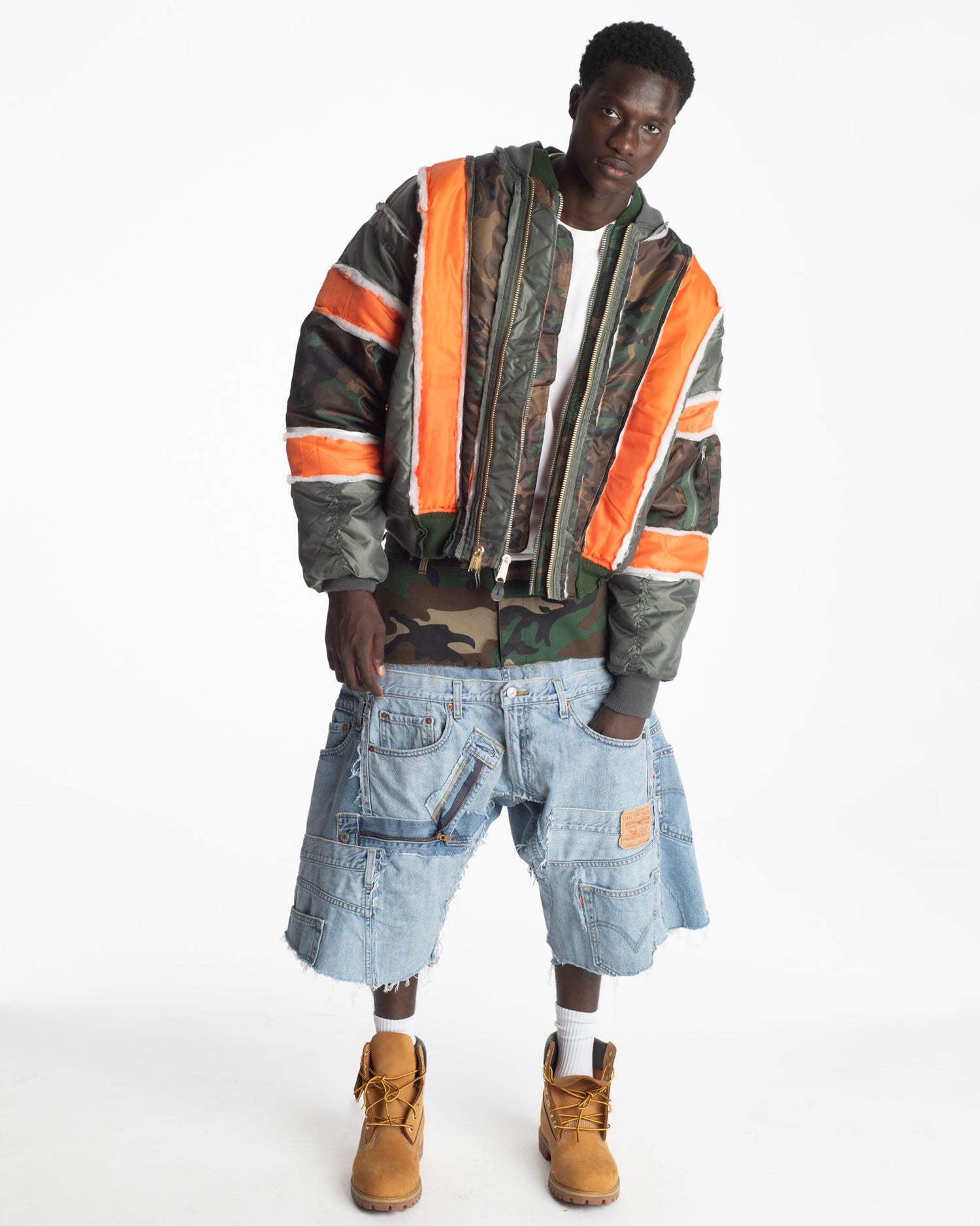 Patchwork Denim + Camo Cargo Shorts