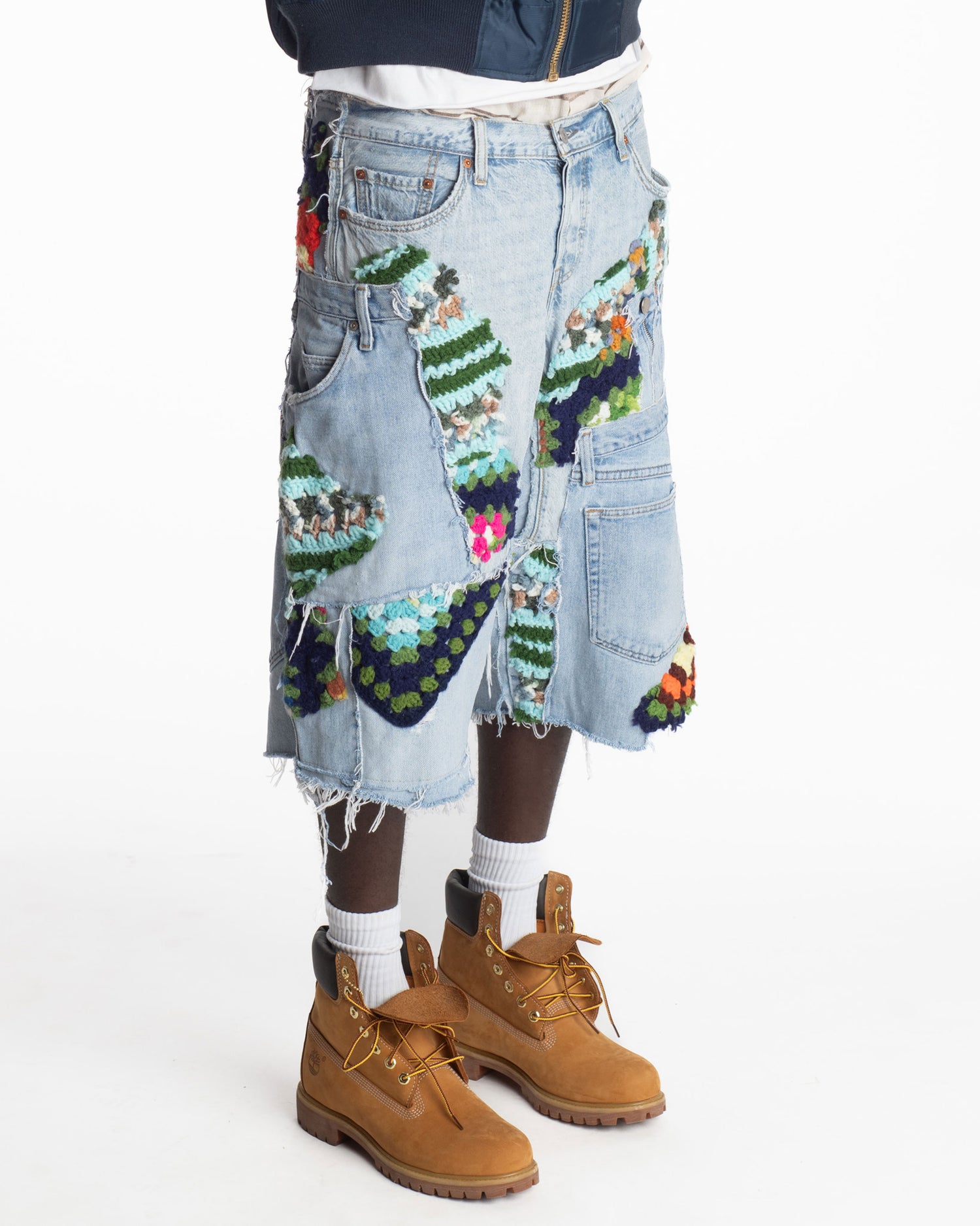 Teal Crochet Patchwork Denim Shorts