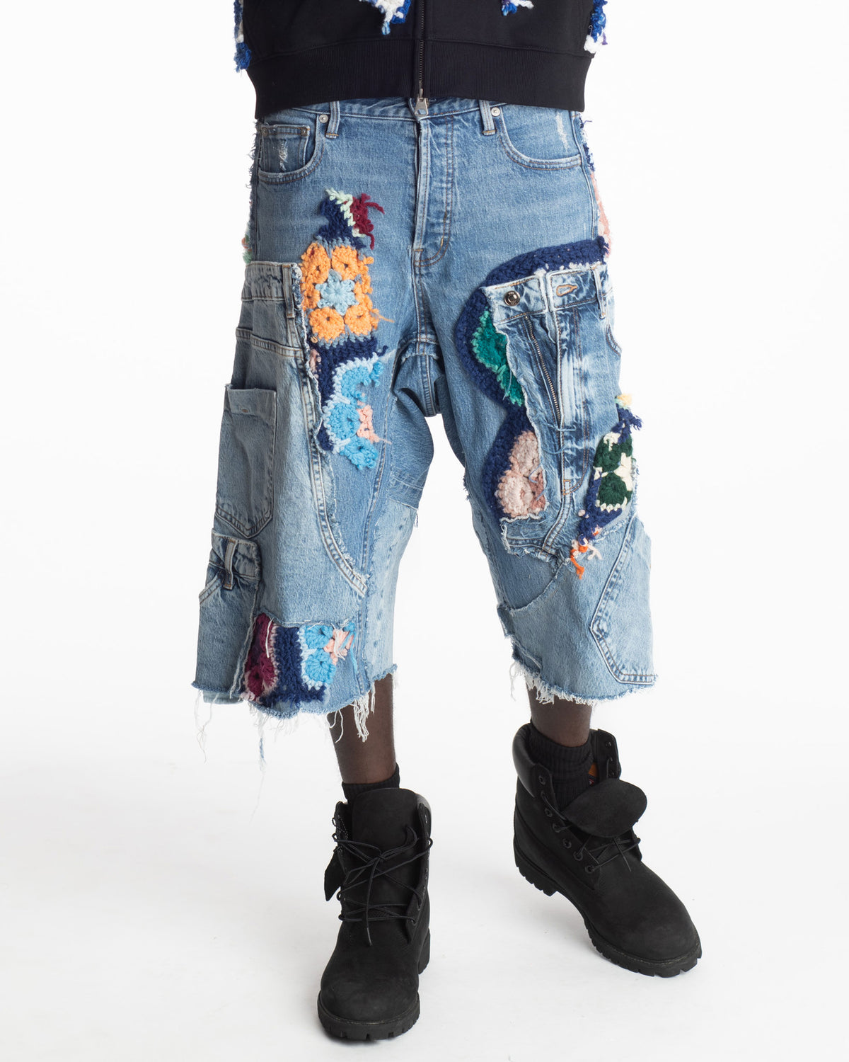 Navy Crochet Patchwork Denim Shorts