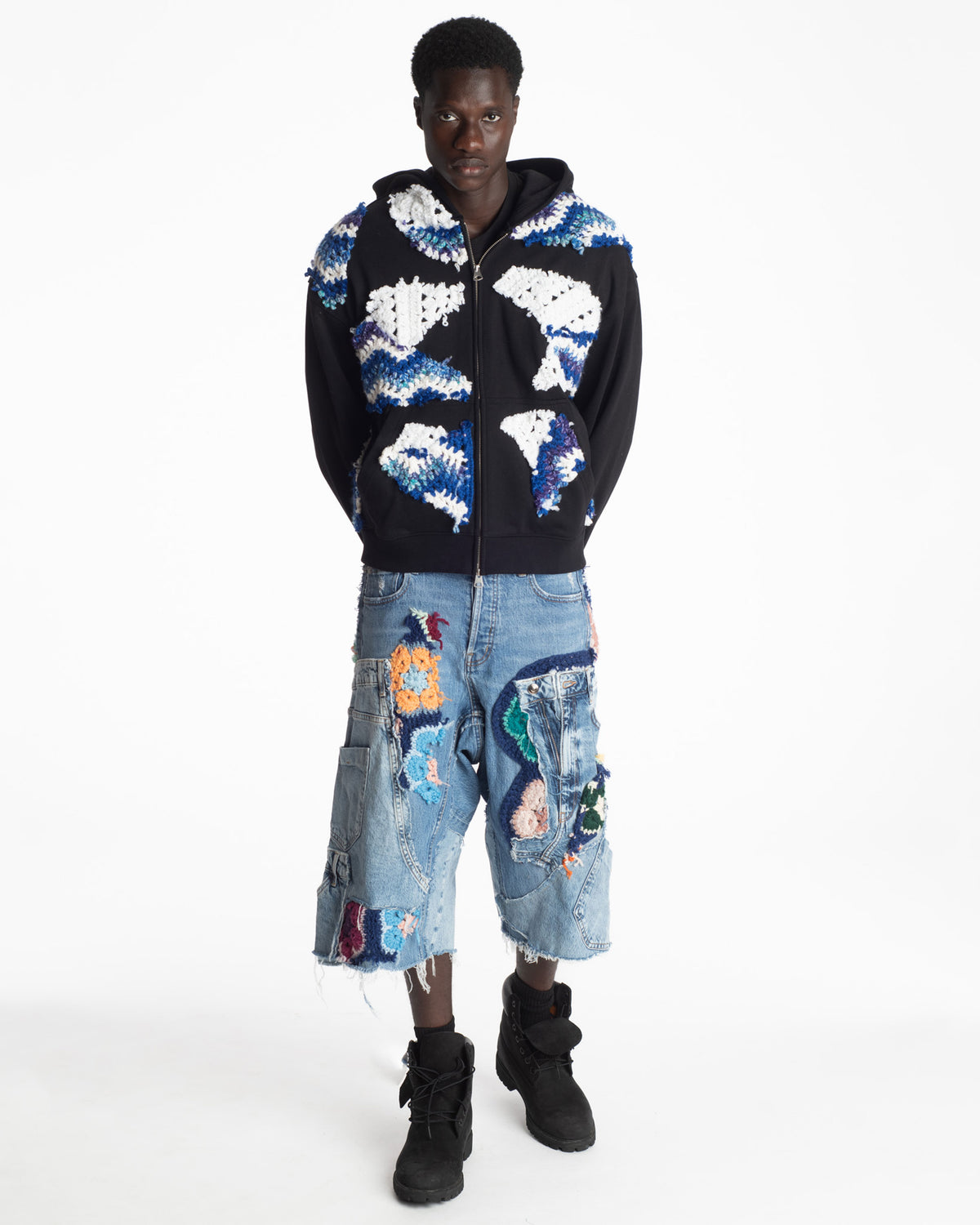 Navy Patchwork Crochet Zip-Up Hoodie