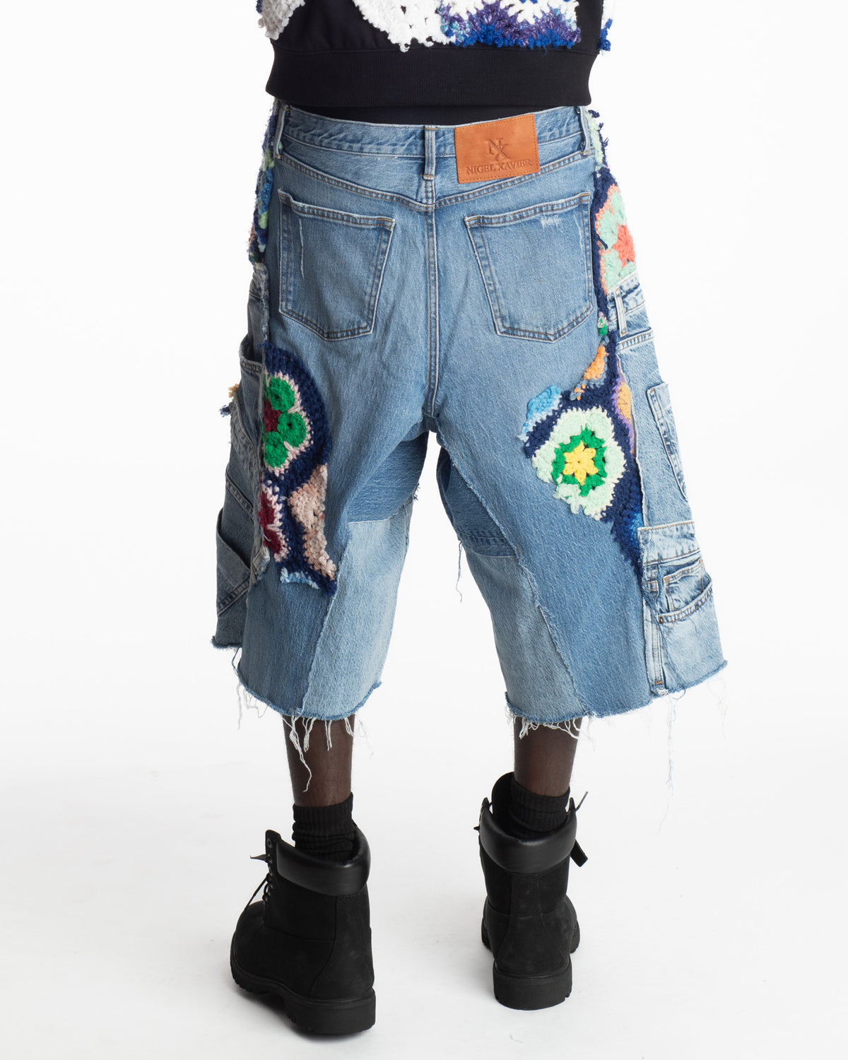 Navy Crochet Patchwork Denim Shorts