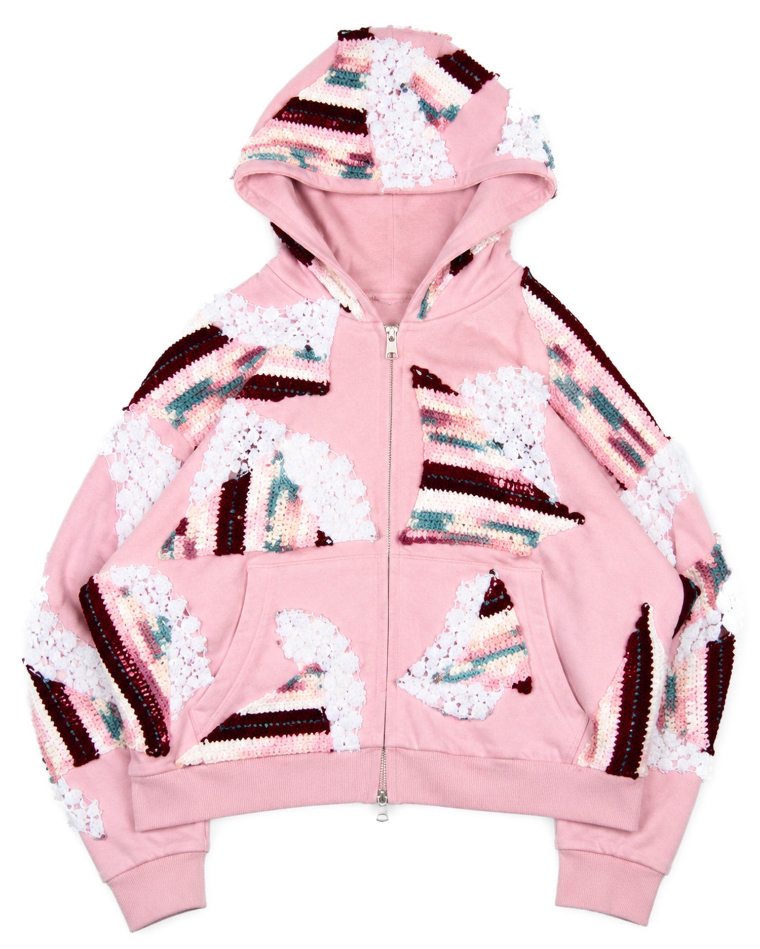 Pink Patchwork Crochet Zip-Up Hoodie