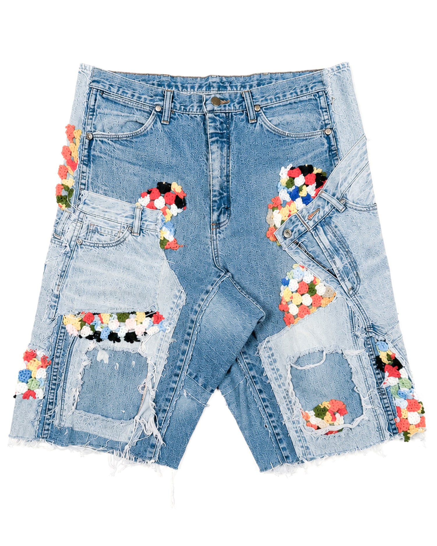 Multi Colored Crochet Patchwork Denim Shorts