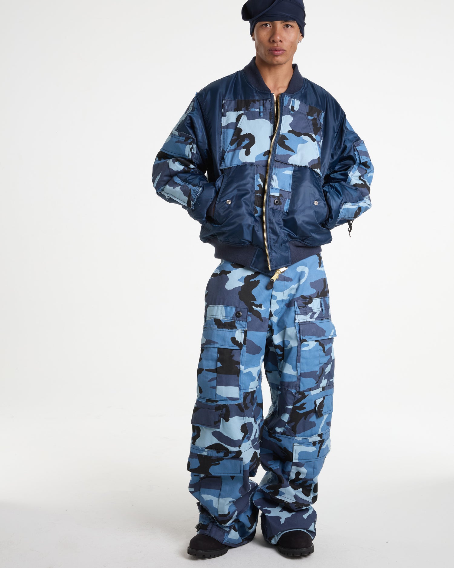 Sky Blue Camo Cargo Bomber Jacket