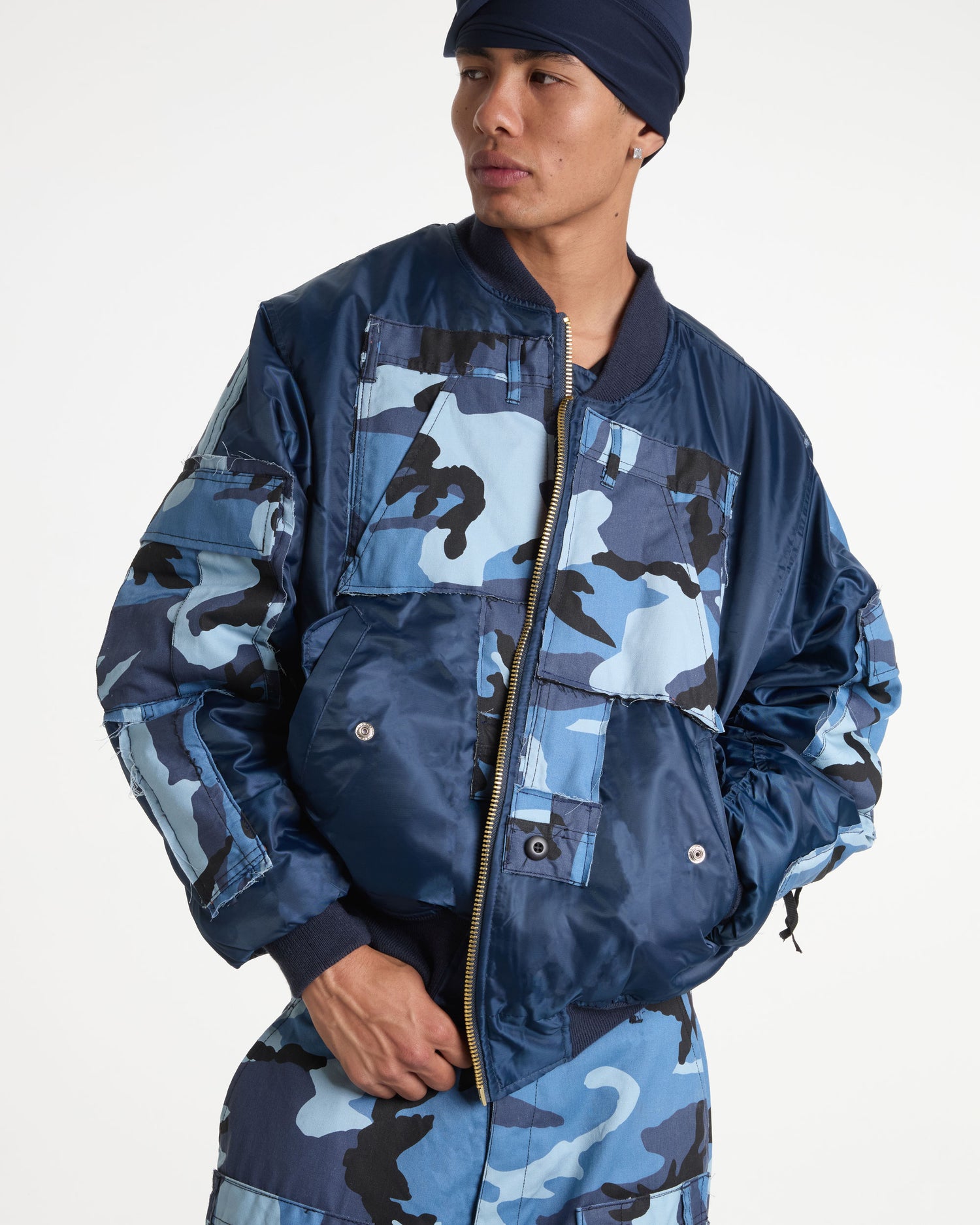 Sky Blue Camo Cargo Bomber Jacket