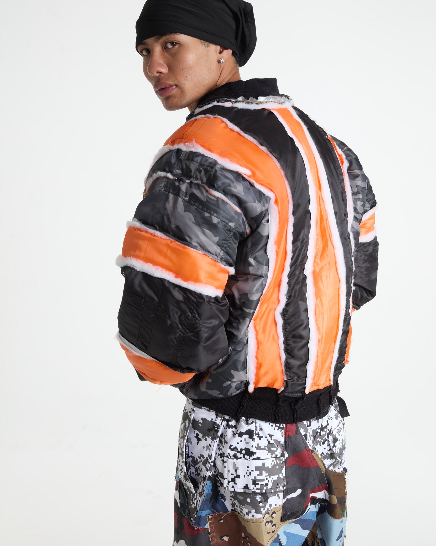 Grey Camo/Black Raw Panel Bomber Jacket