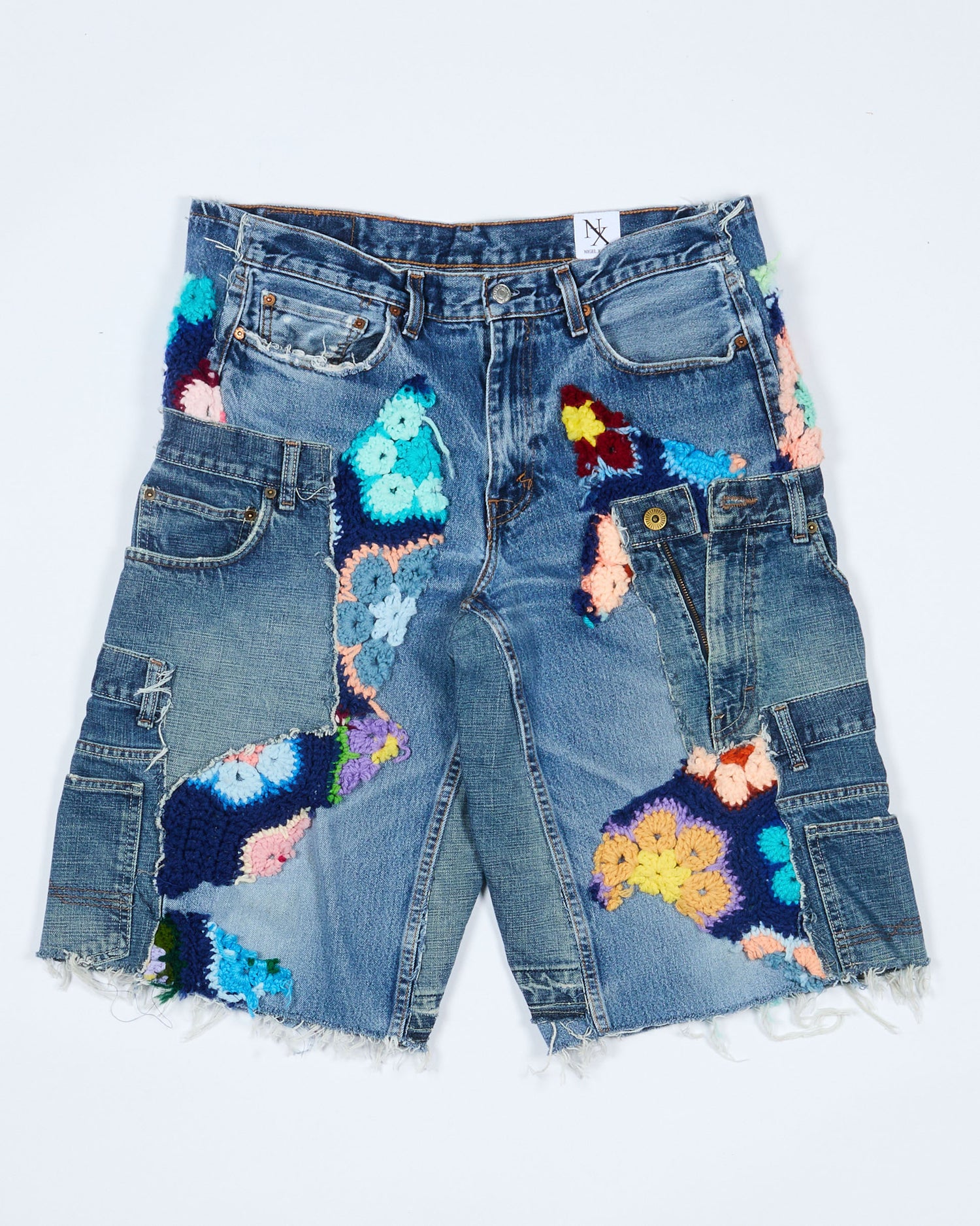 Navy Crochet x Patchwork Denim Shorts