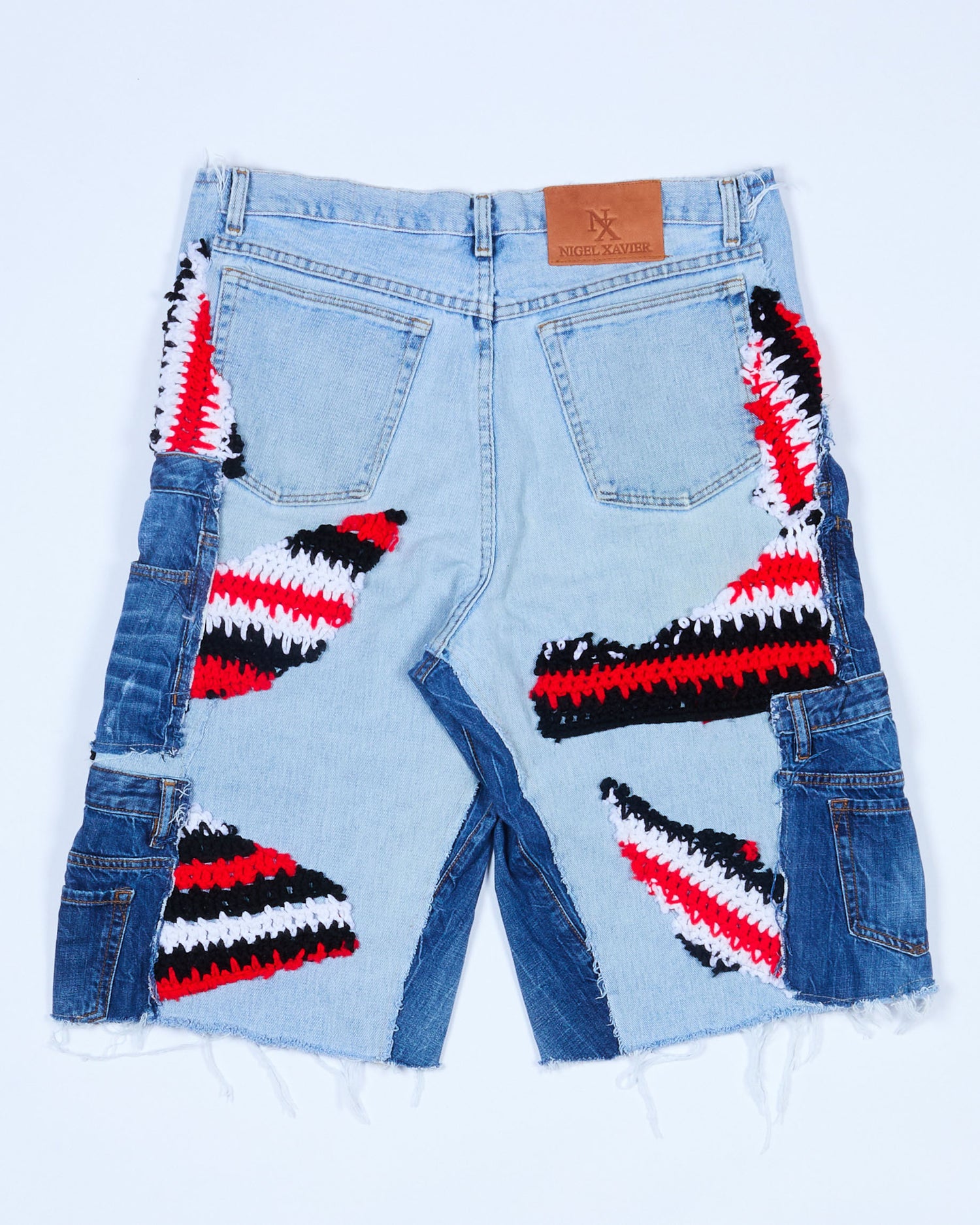 Red Black White Crochet x Patchwork Denim Shorts