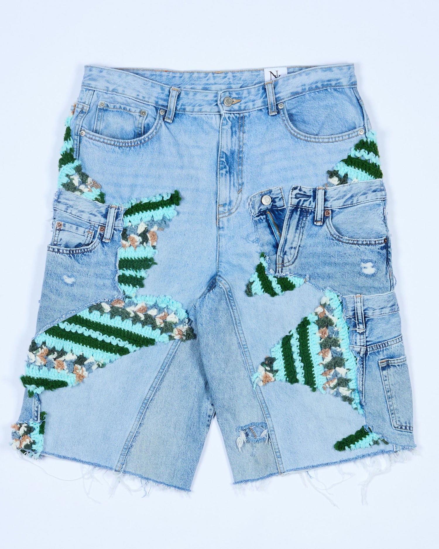 Teal Crochet x Patchwork Denim Shorts