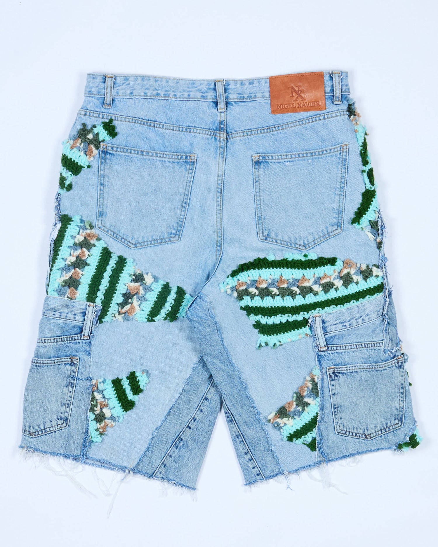 Teal Crochet x Patchwork Denim Shorts