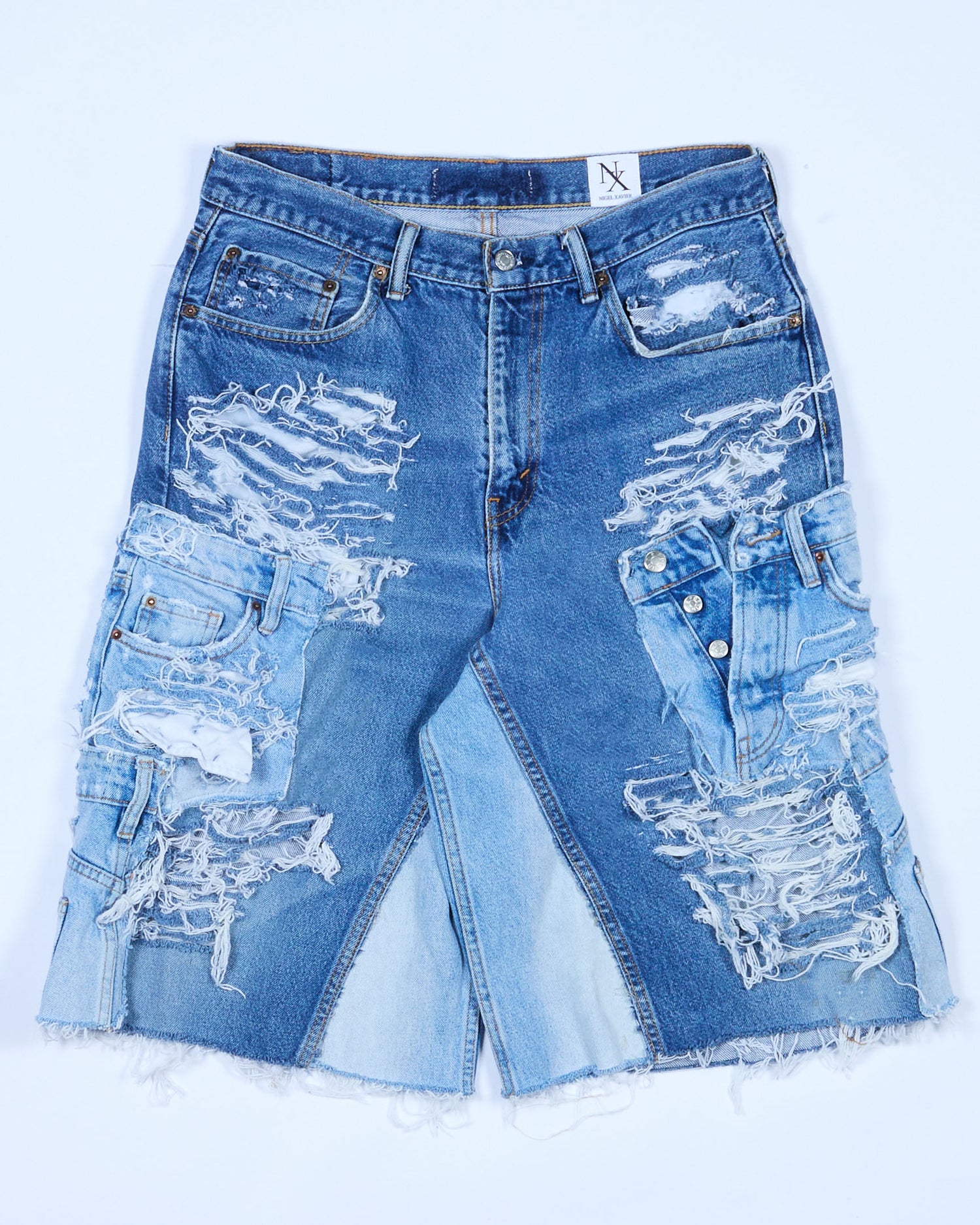 Distressed Patchwork Denim Shorts (Medium Wash Version)