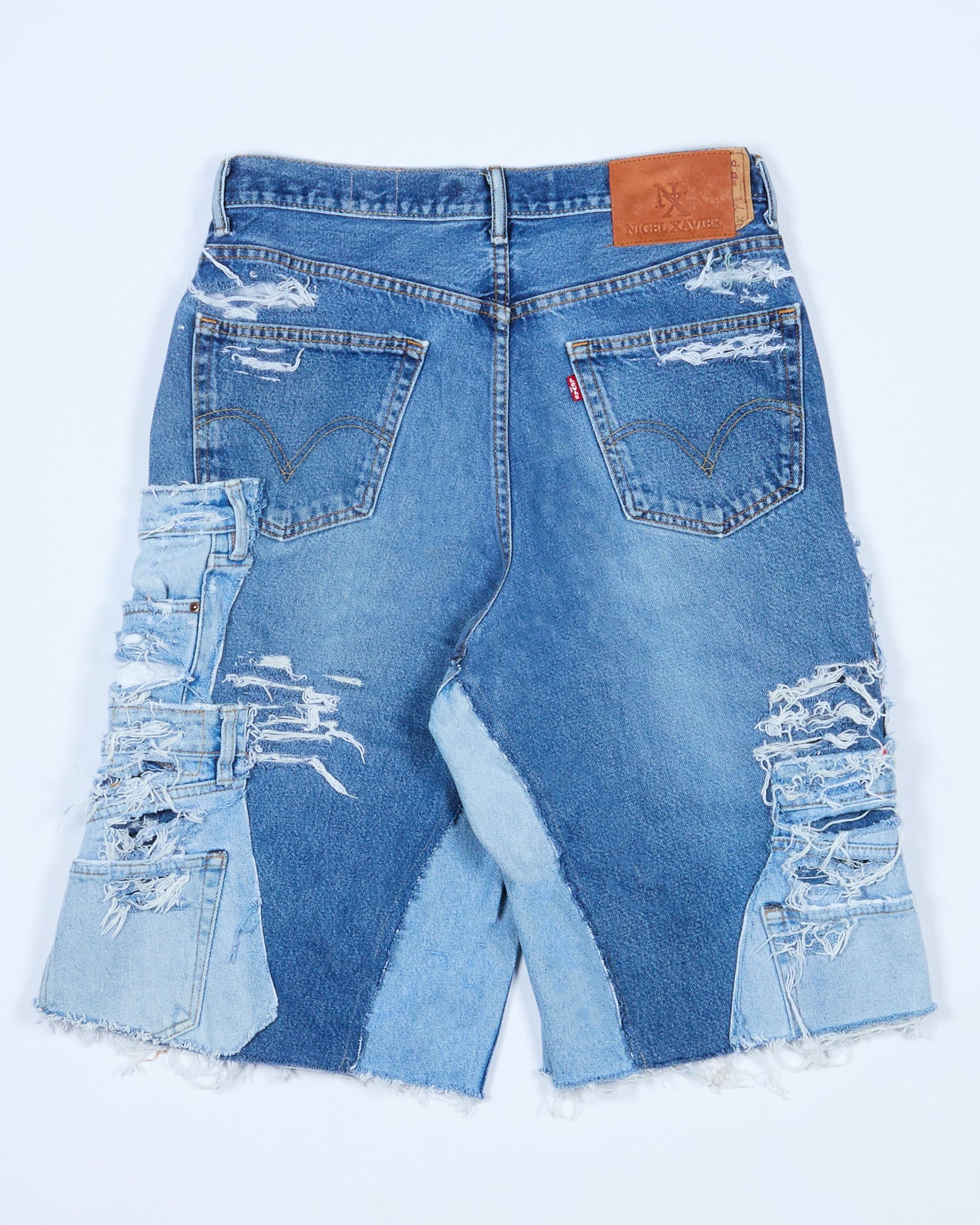 Distressed Patchwork Denim Shorts (Medium Wash Version)