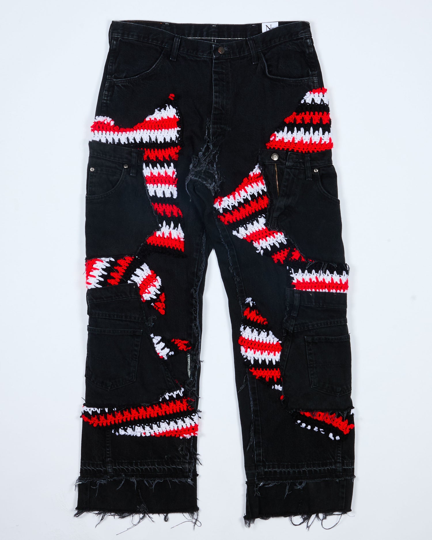Red Black White Crochet x Patchwork Denim Jeans