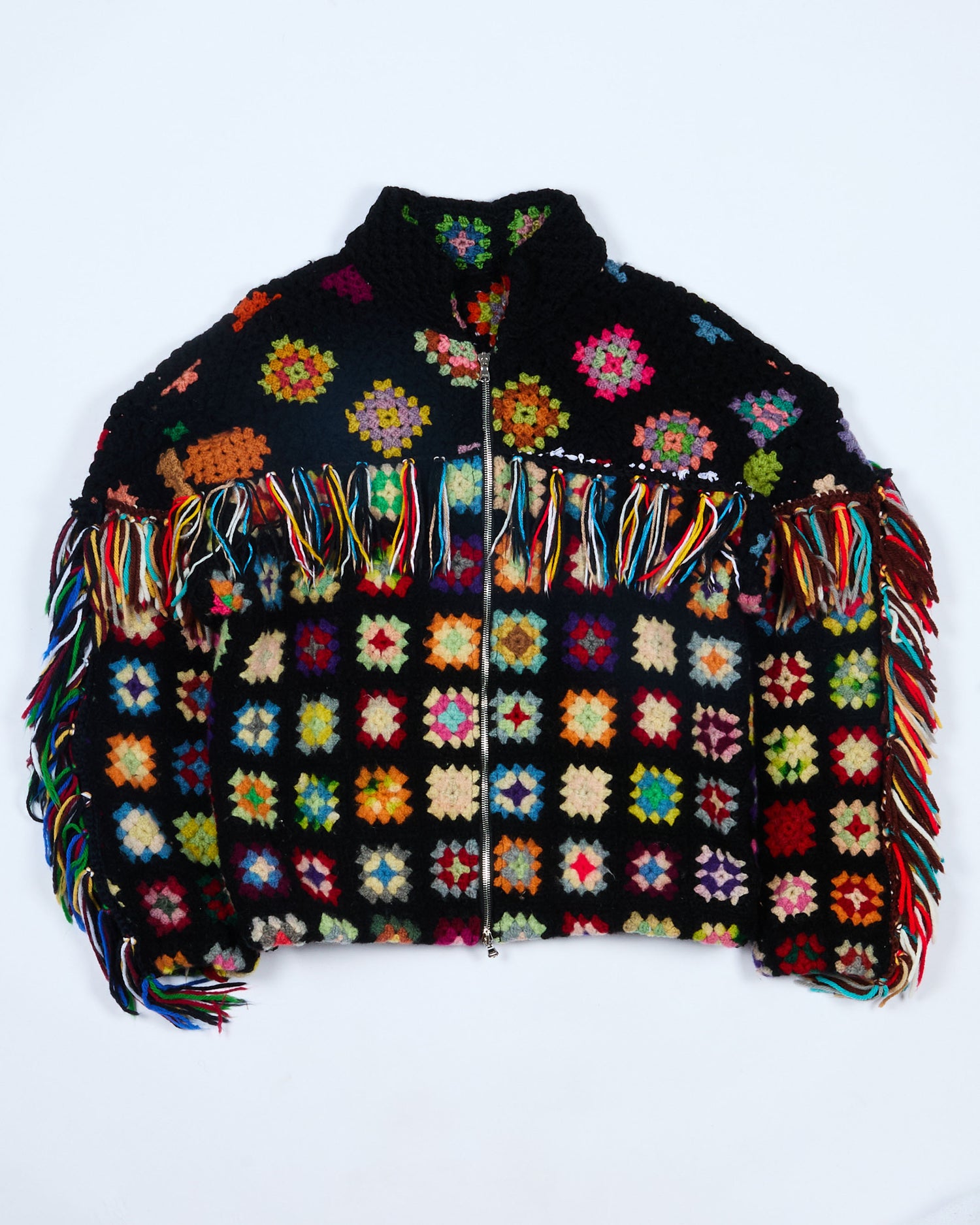 Multicolor Crochet Zip Jacket w/ Fringe