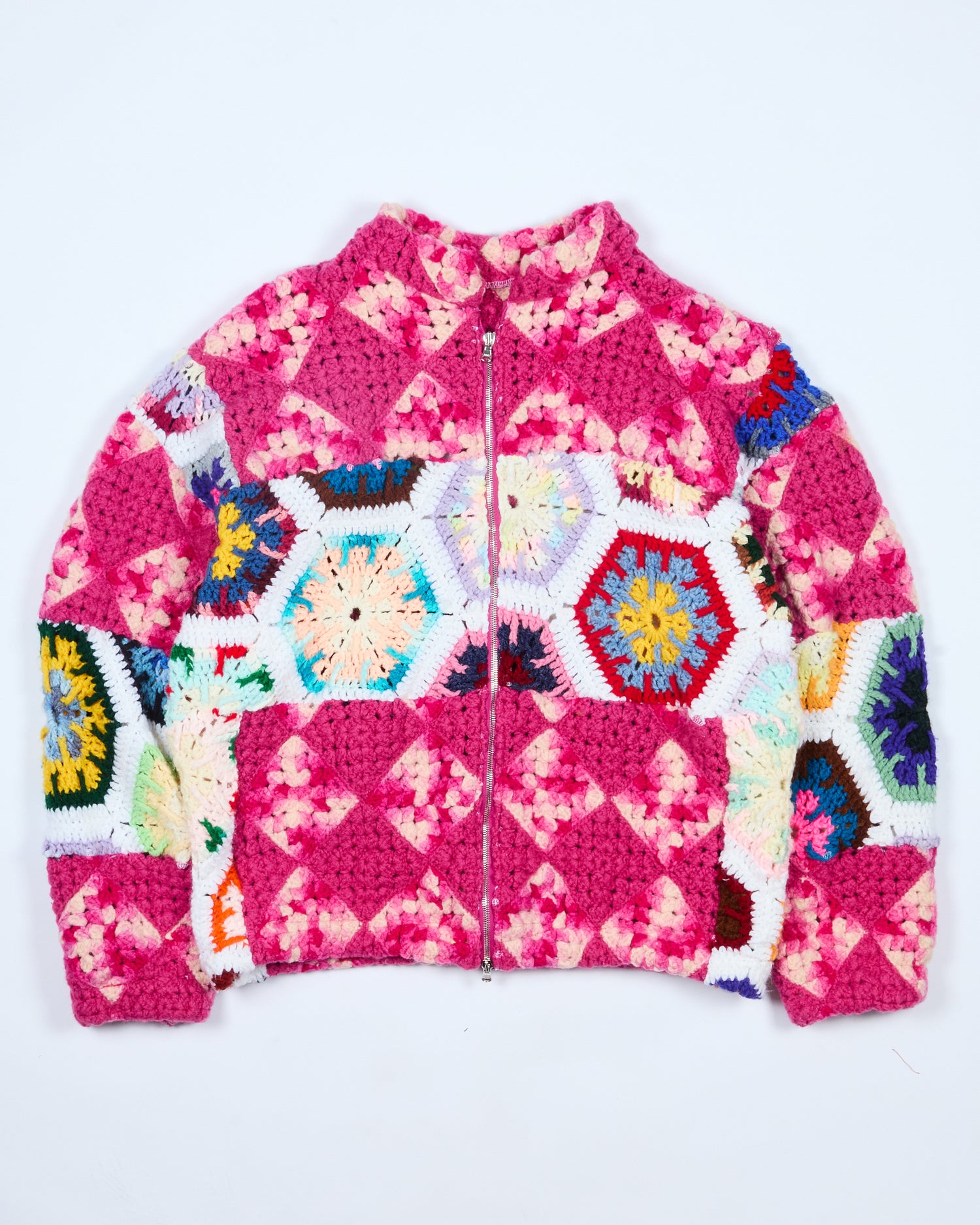 Pink + White Crochet Zip Jacket