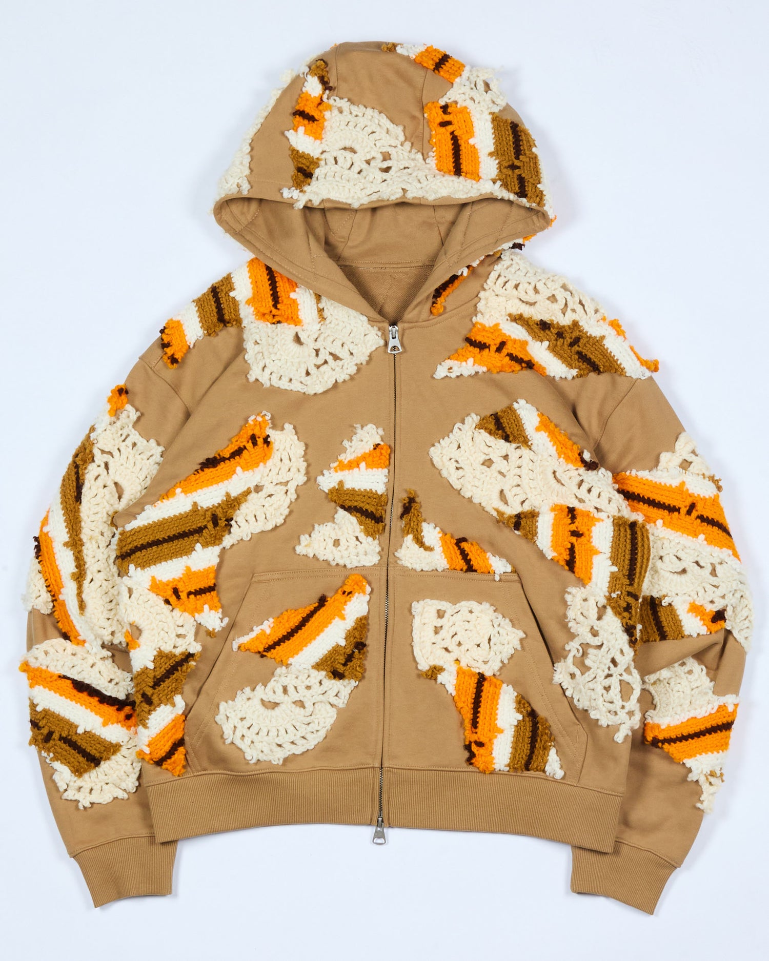 Orange Patchwork Crochet Zip-Up Hoodie