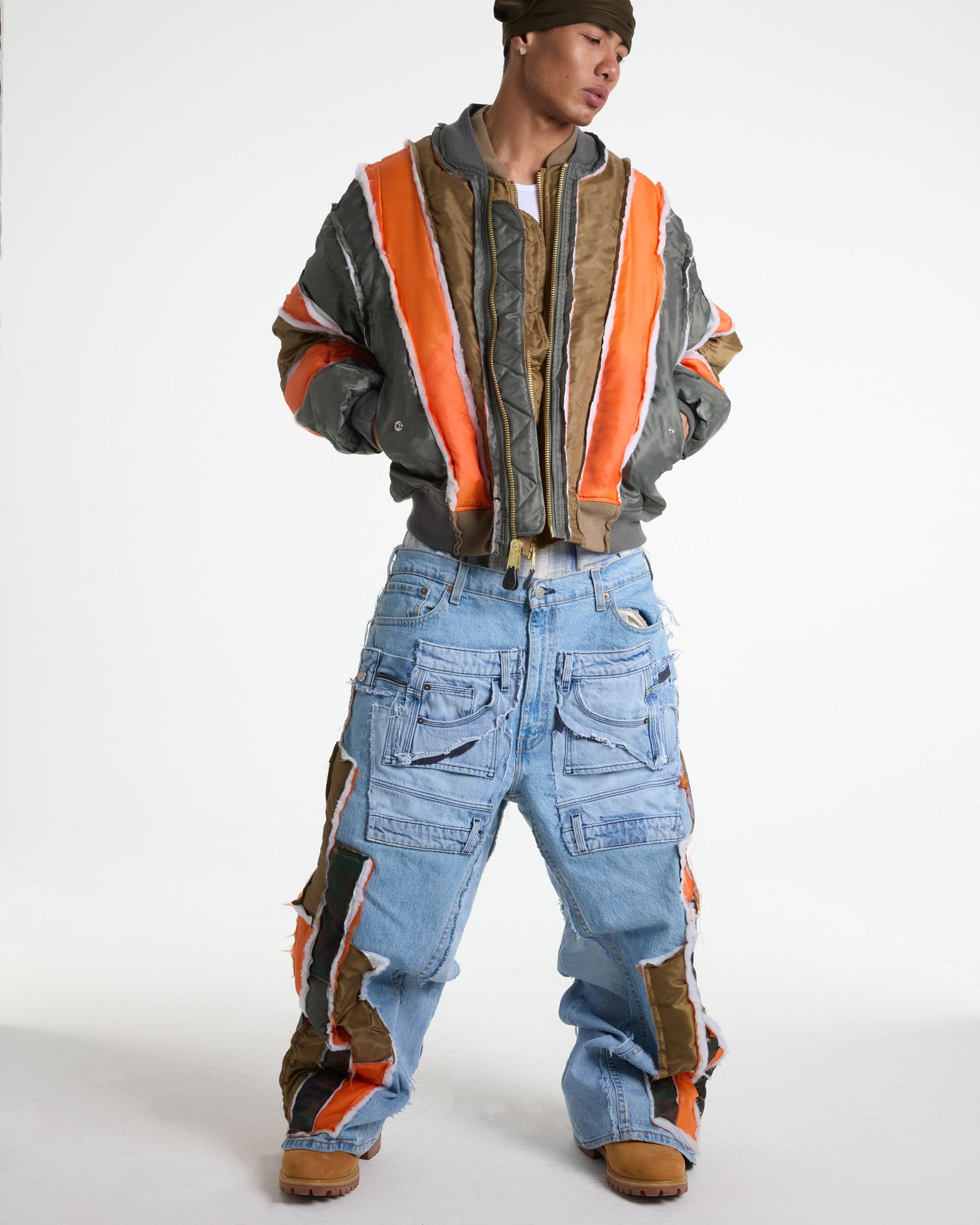 Olive/Gold Raw Panel Bomber Jacket