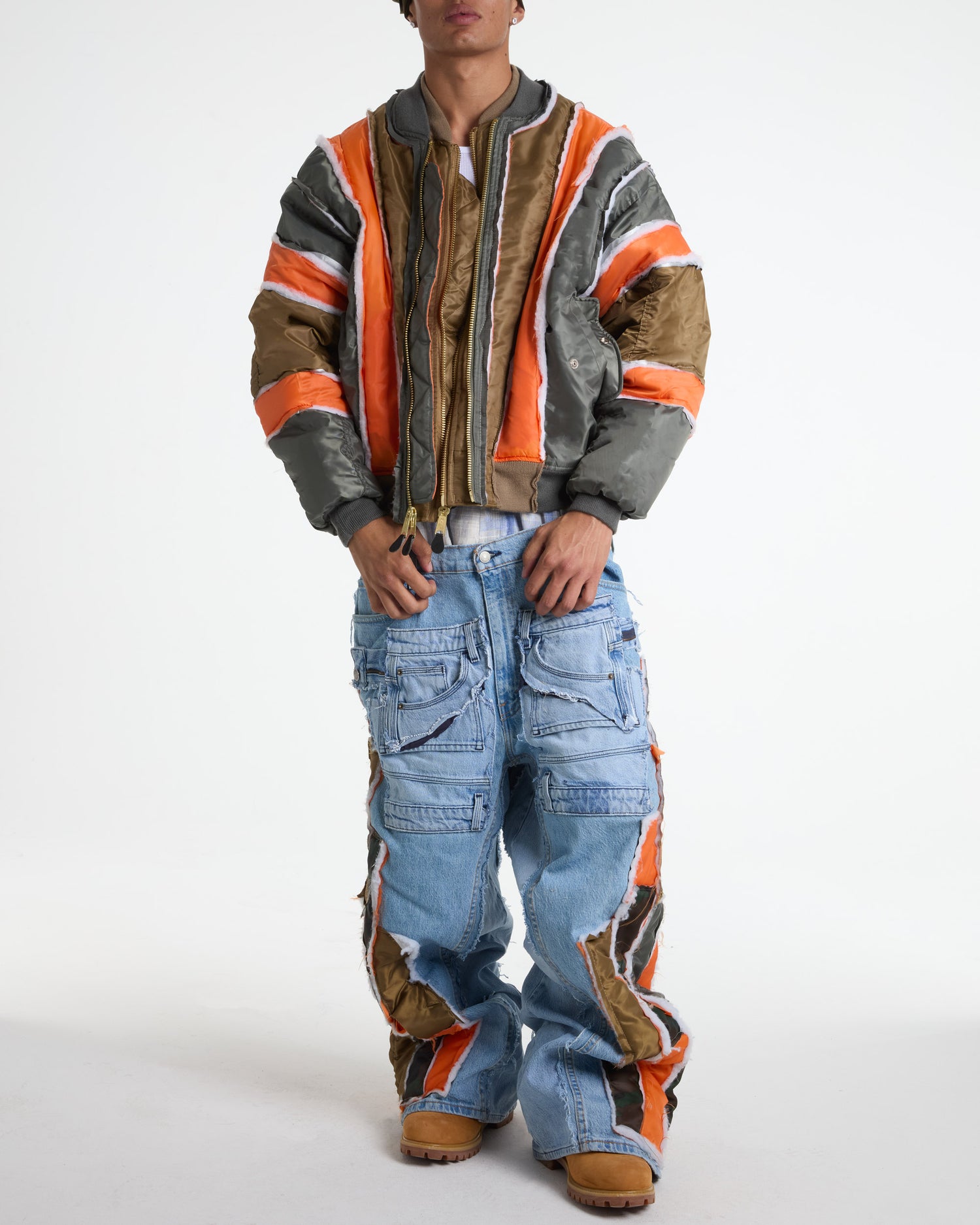 Olive/Gold Raw Panel Bomber Jacket