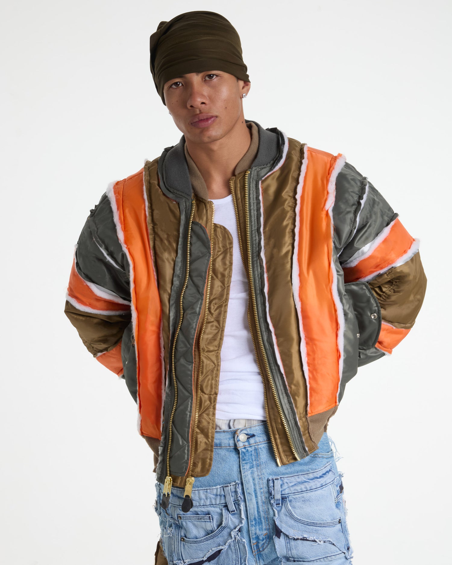 Olive/Gold Raw Panel Bomber Jacket