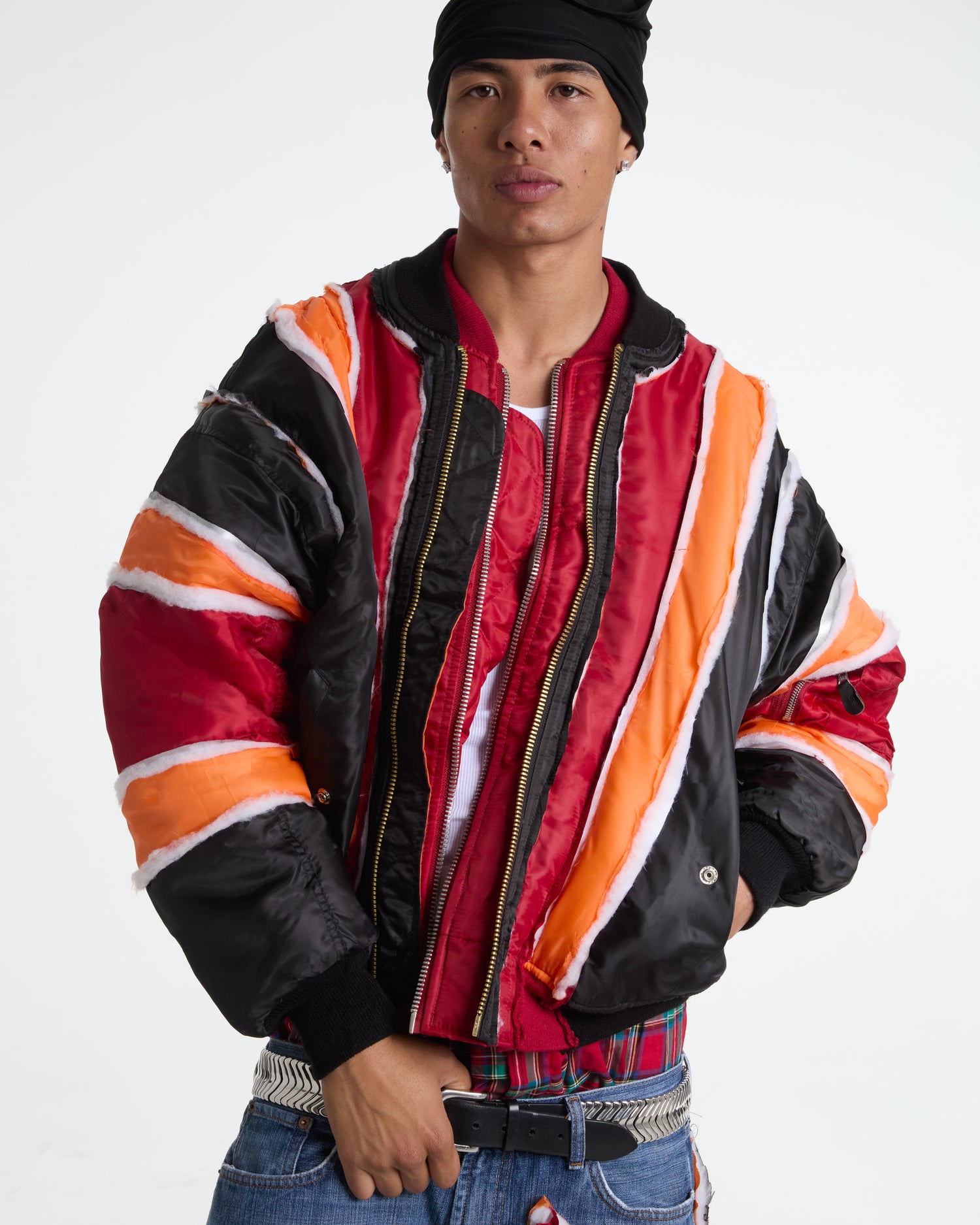 Black/Red Raw Panel Bomber Jacket