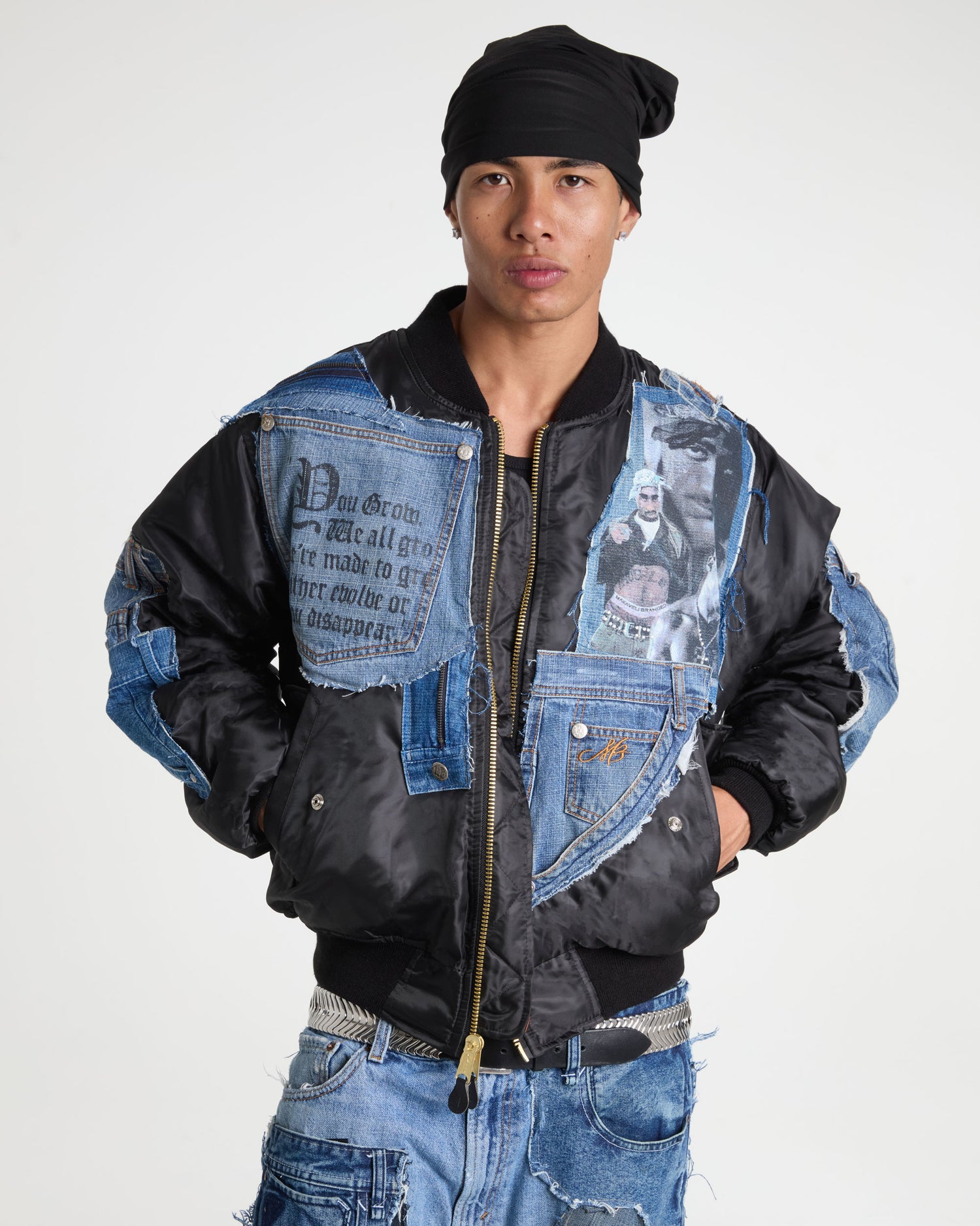 Tupac Medium Wash Denim Bomber Jacket