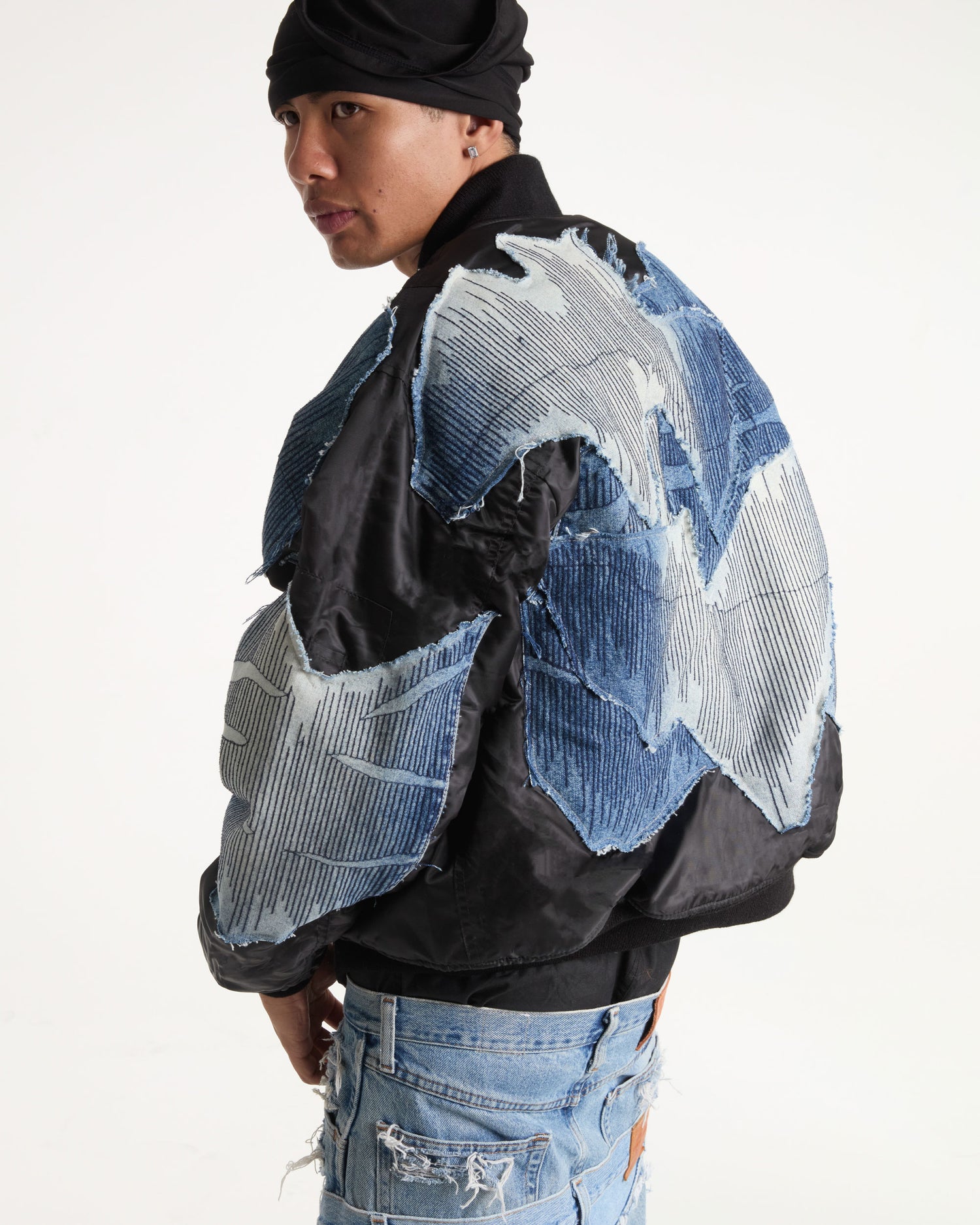 Zig Zag Stitch Denim Bomber Jacket