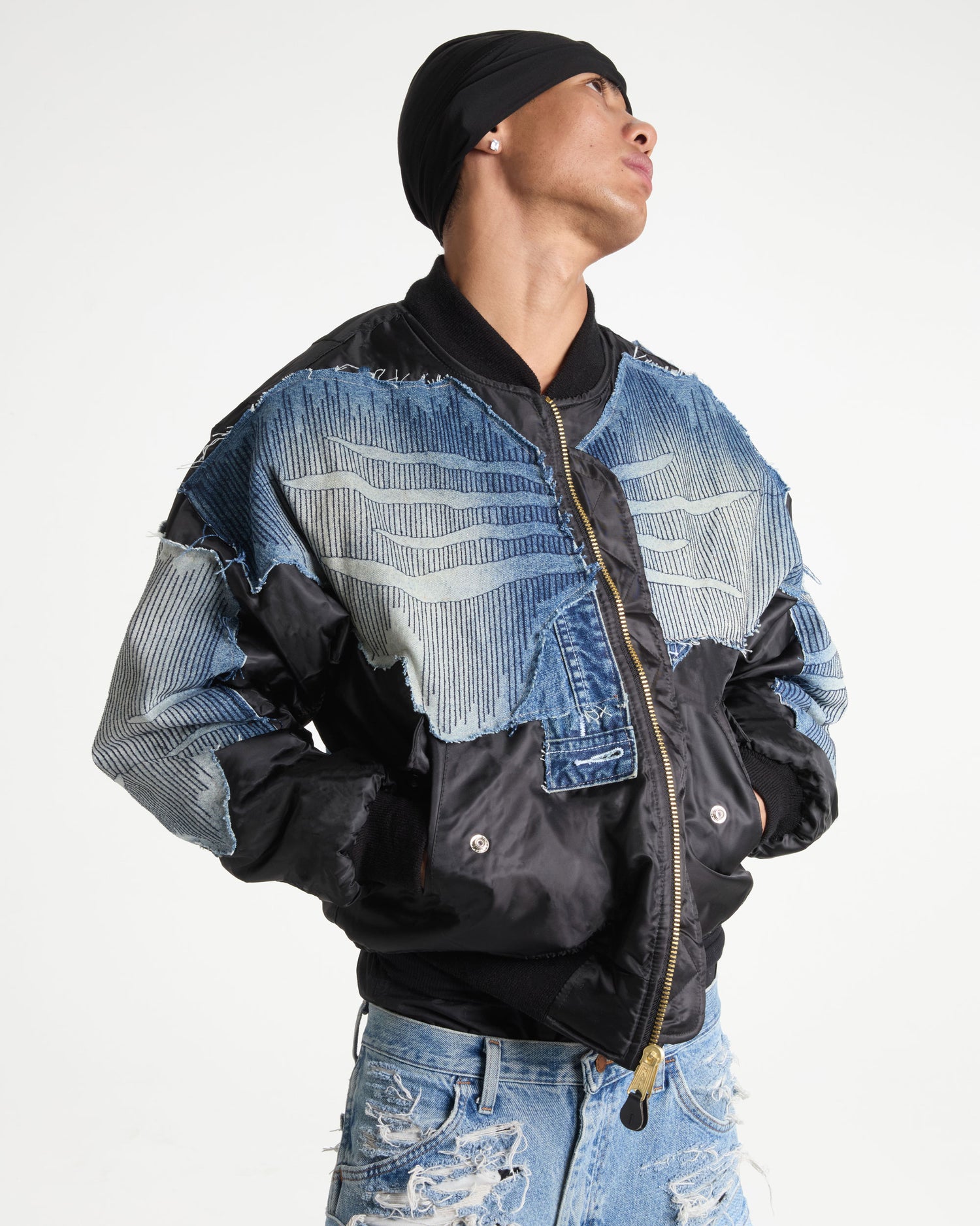 Zig Zag Stitch Denim Bomber Jacket