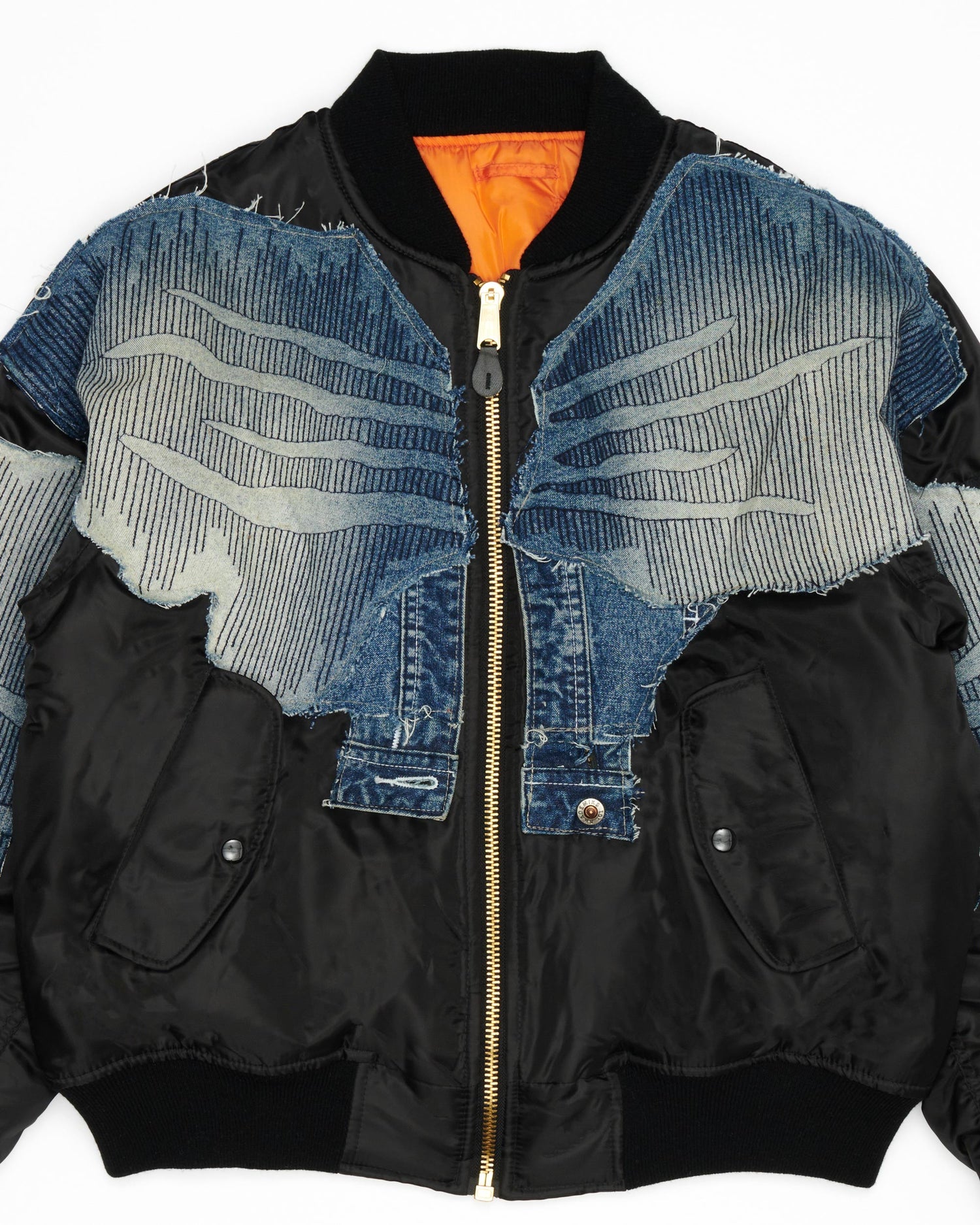 Zig Zag Stitch Denim Bomber Jacket
