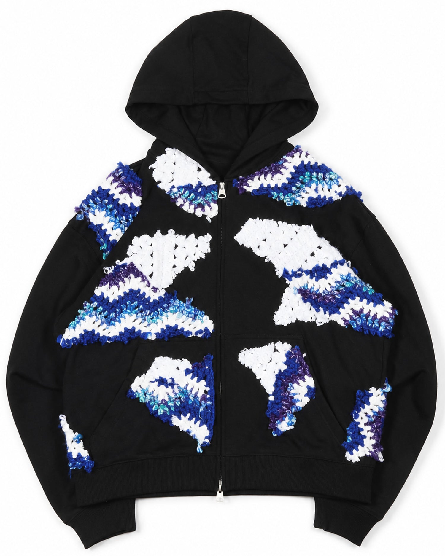 Navy Patchwork Crochet Zip-Up Hoodie