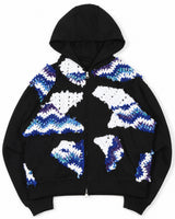 Navy Patchwork Crochet Zip-Up Hoodie