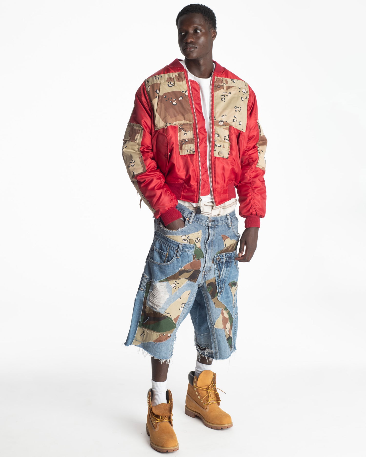 Patchwork Woodland/Desert Camo + Denim Shorts