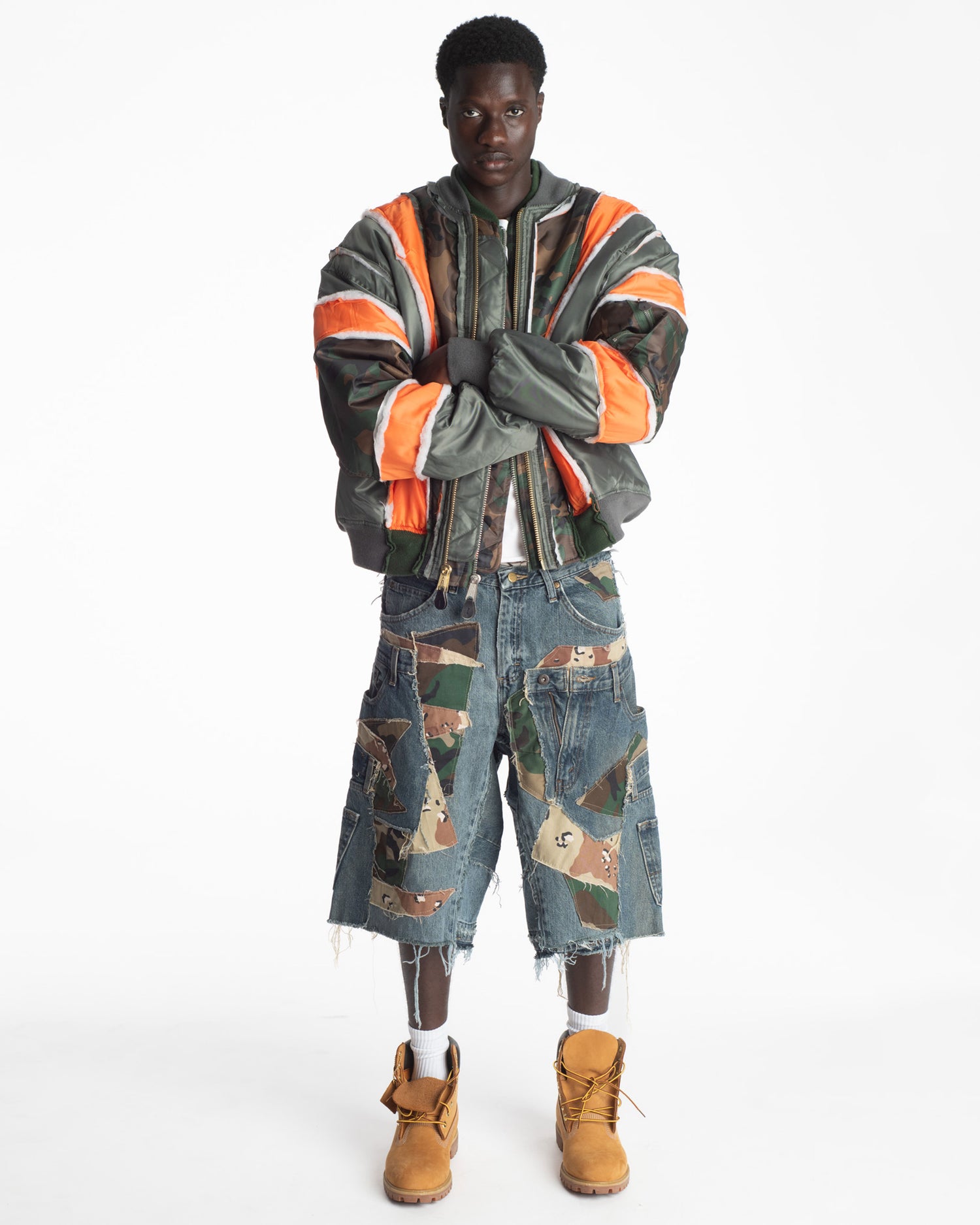Patchwork Woodland/Desert Camo + Denim Shorts 2