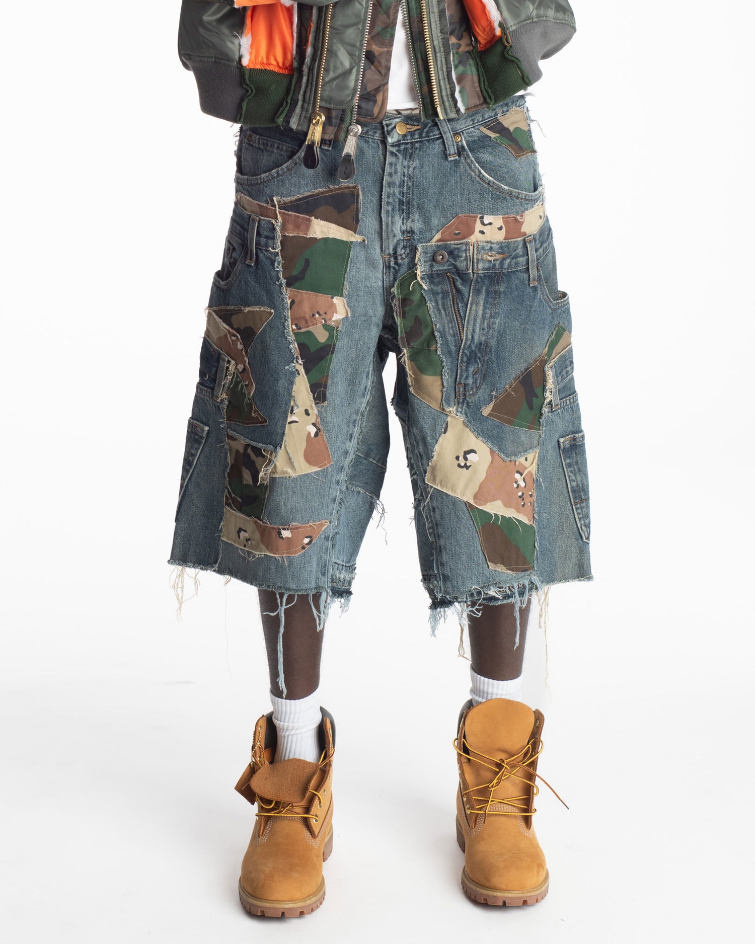Patchwork Woodland/Desert Camo + Denim Shorts 2