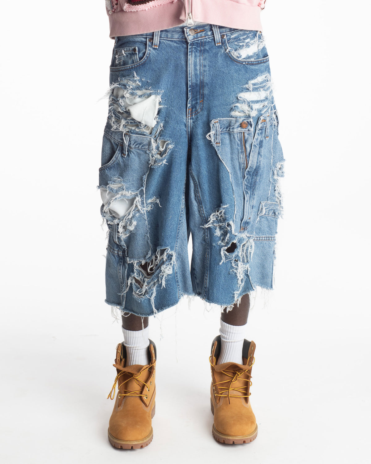 Distressed Patchwork Denim Shorts (Medium Wash Version)