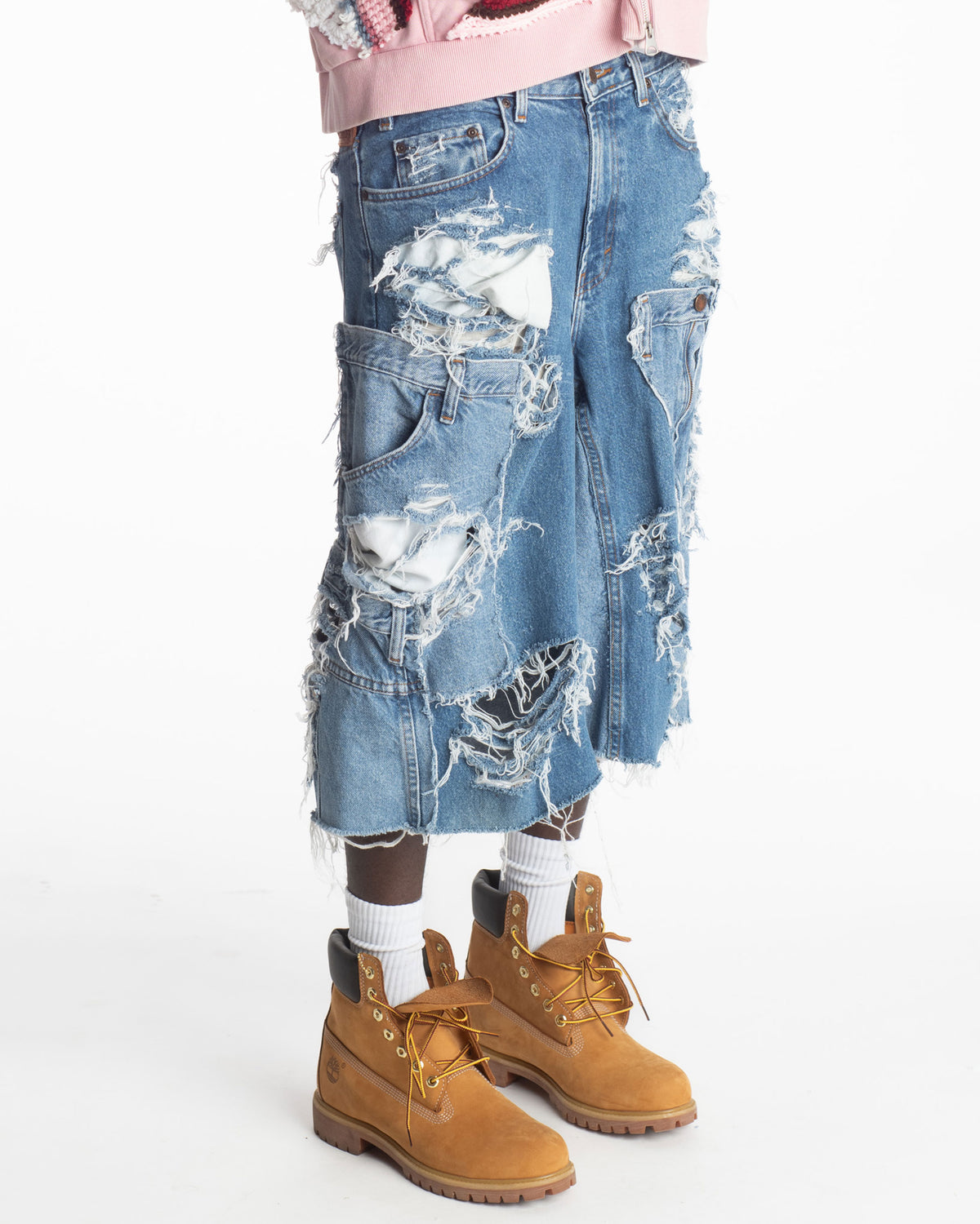 Distressed Patchwork Denim Shorts (Medium Wash Version)