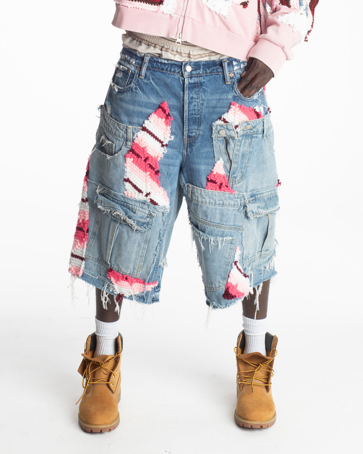 Pink Crochet x Patchwork Denim Shorts