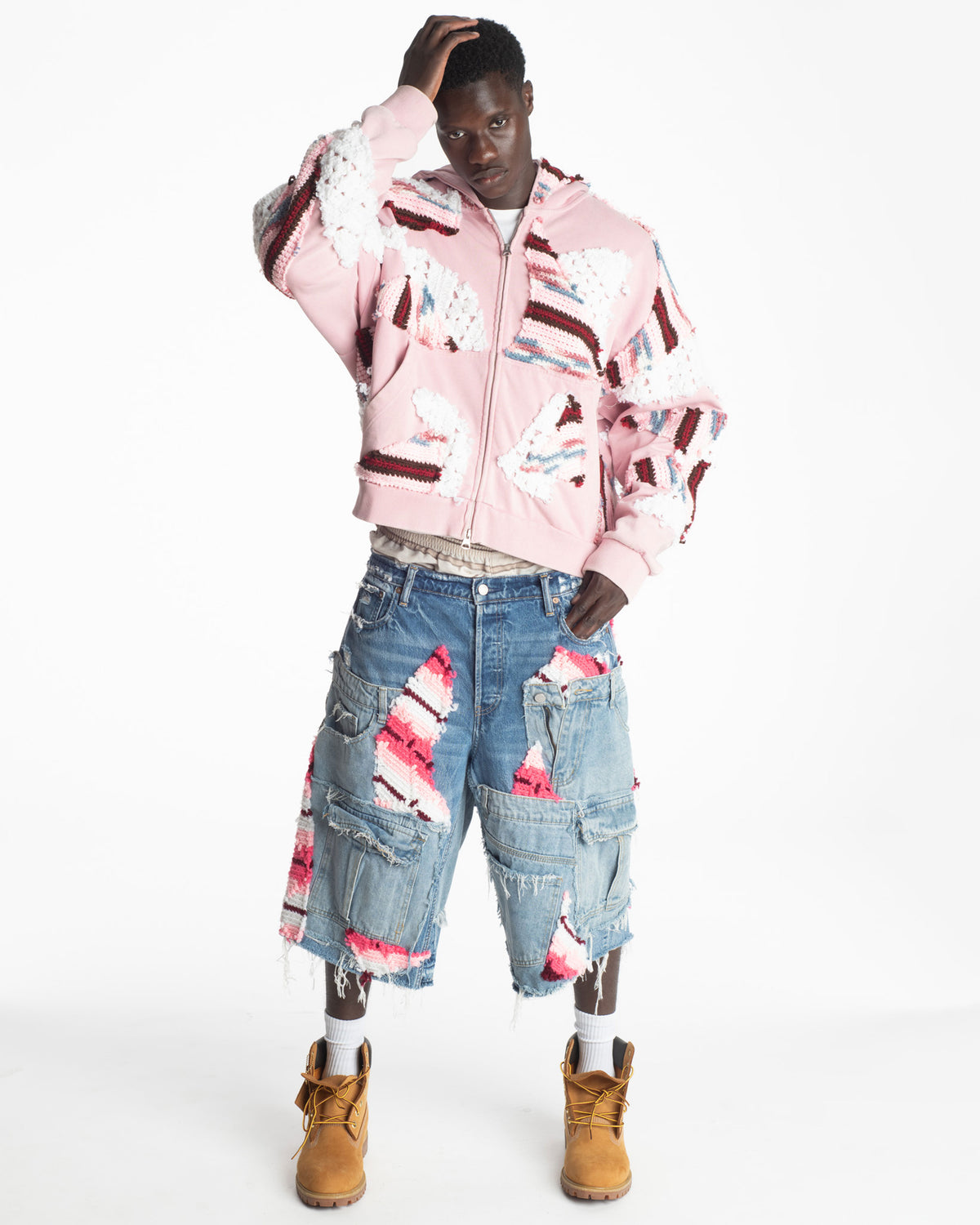Pink Crochet x Patchwork Denim Shorts