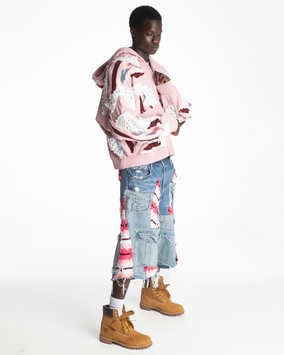 Pink Patchwork Crochet Zip-Up Hoodie
