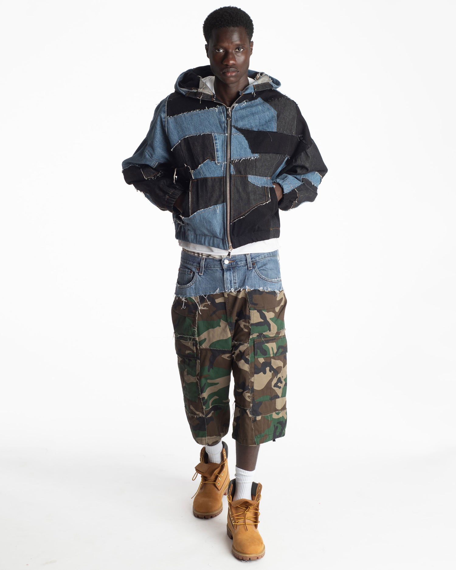 Patchwork Camo + Denim Shorts