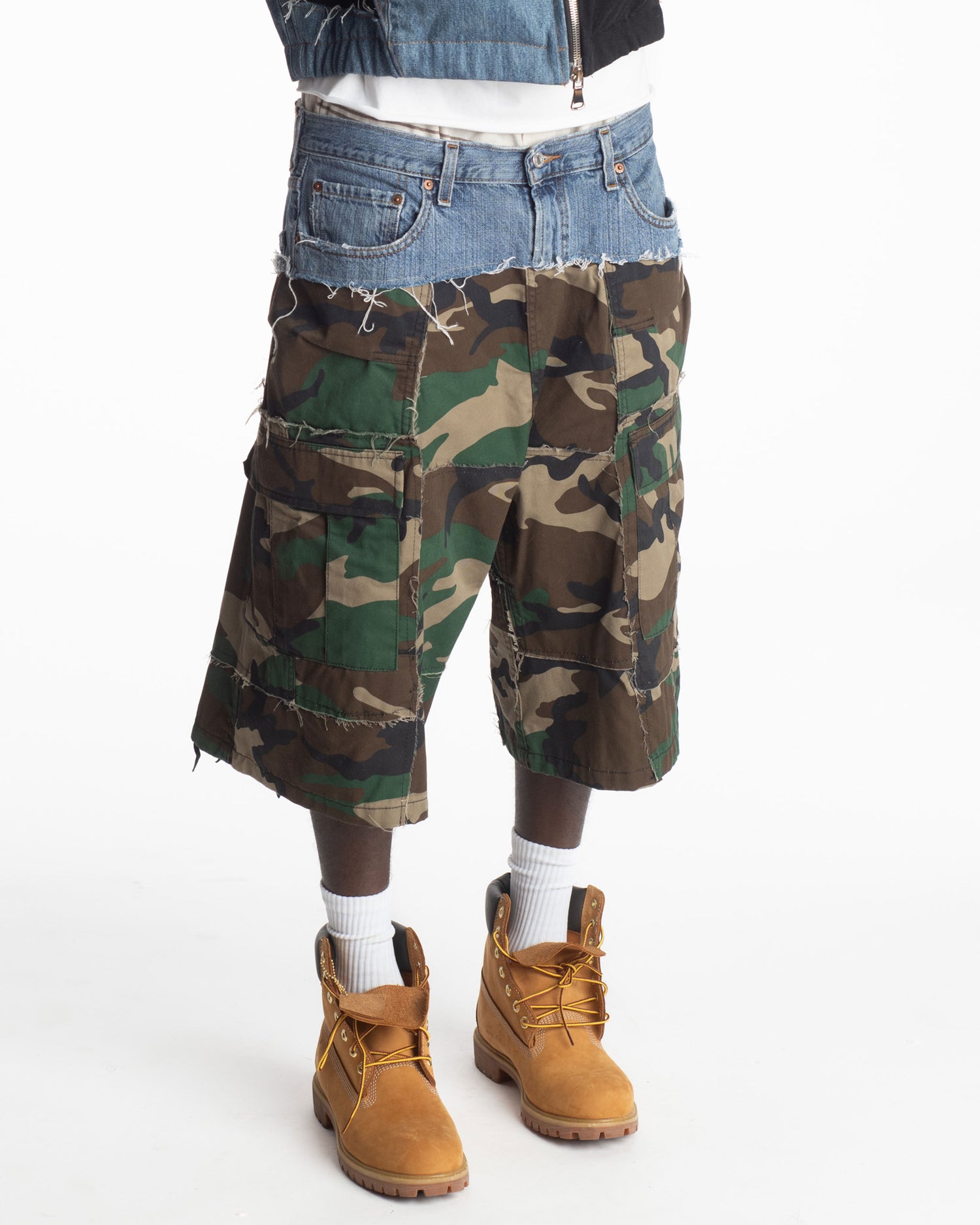 Patchwork Camo + Denim Shorts
