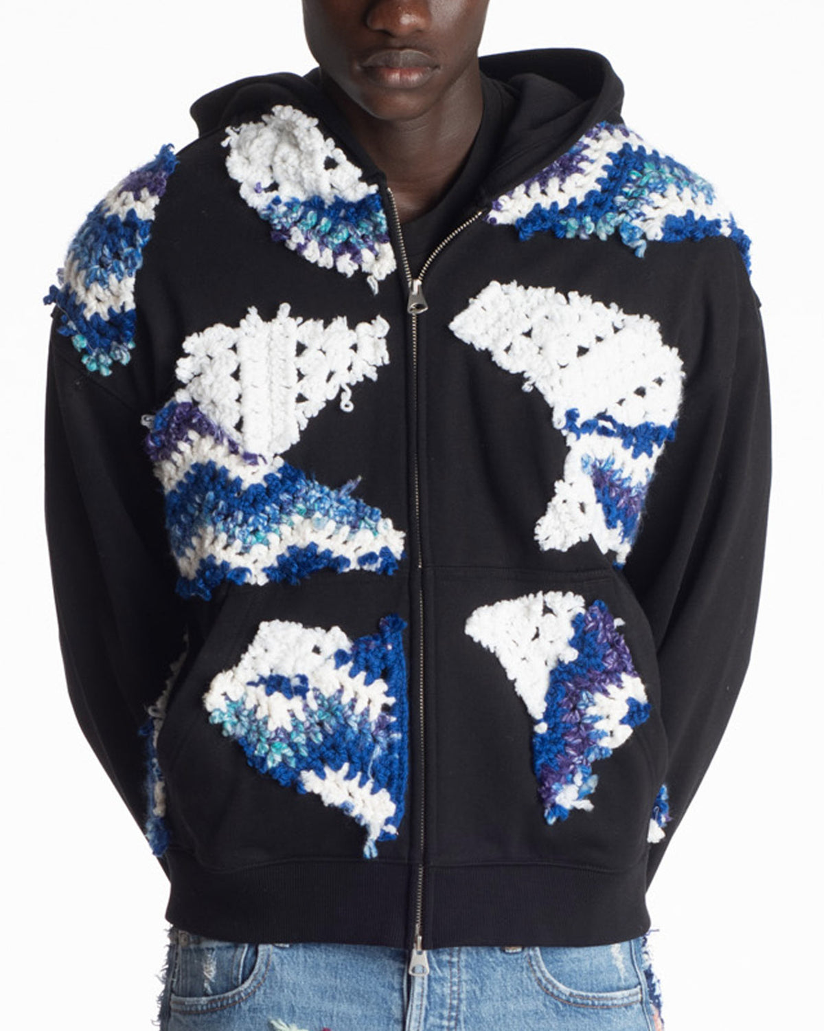Navy Patchwork Crochet Zip-Up Hoodie