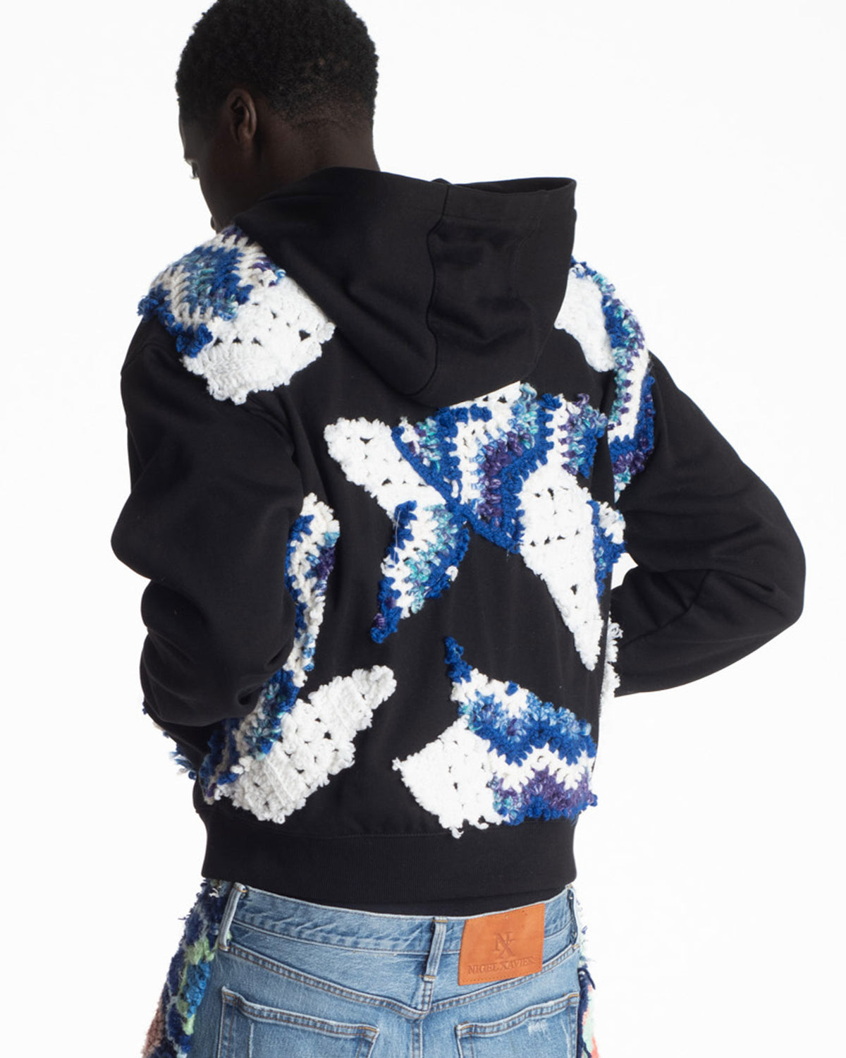Navy Patchwork Crochet Zip-Up Hoodie