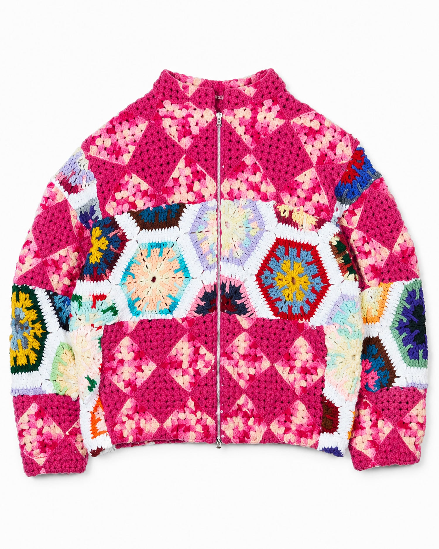 Pink + White Crochet Zip Jacket