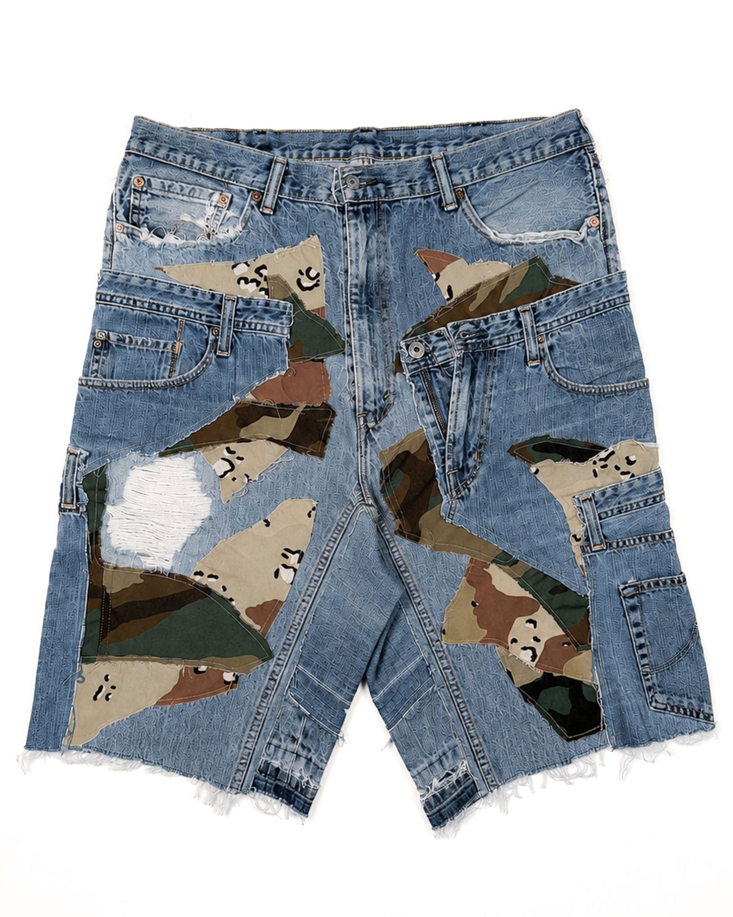 Patchwork Woodland/Desert Camo + Denim Shorts