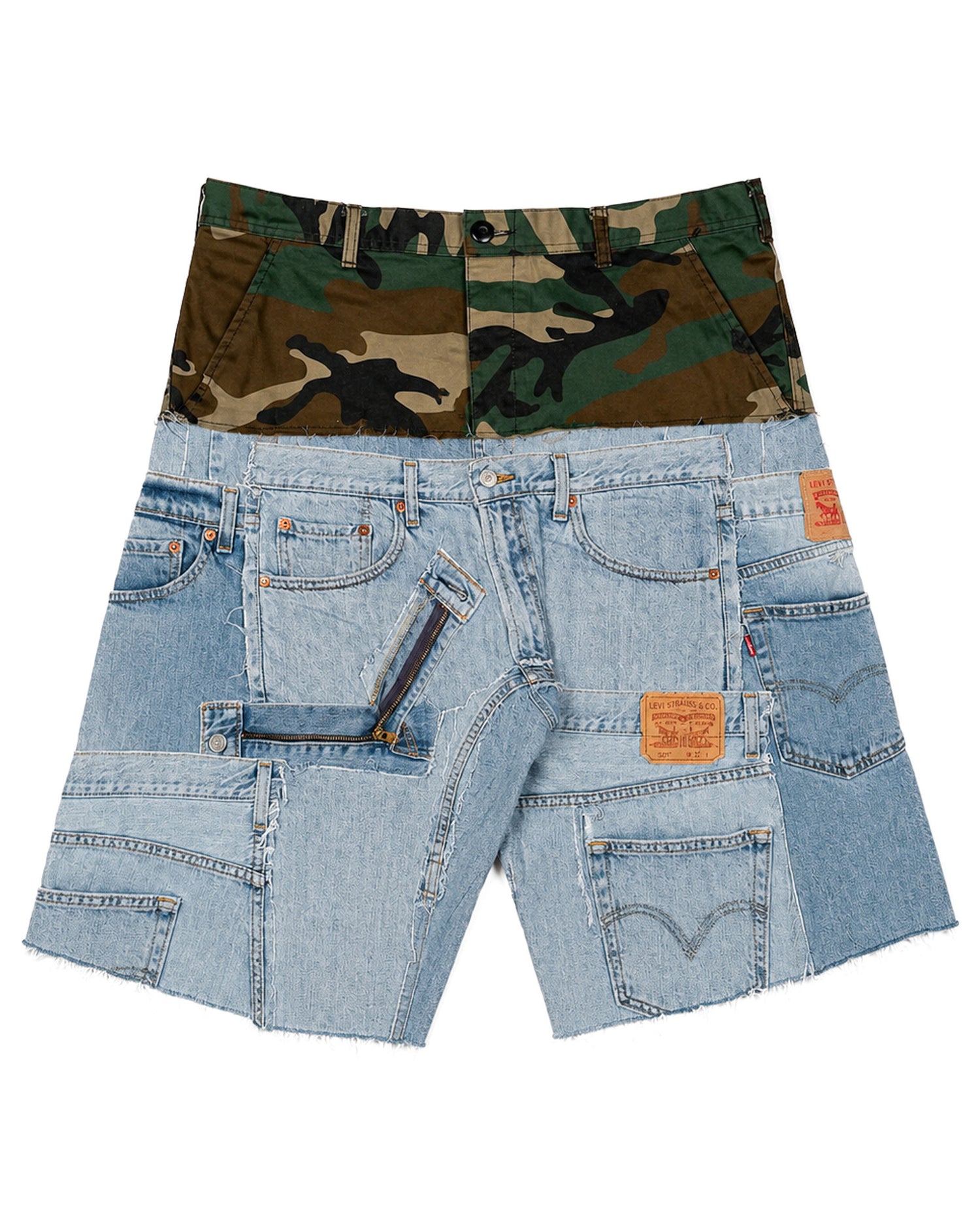 Patchwork Denim + Camo Cargo Shorts