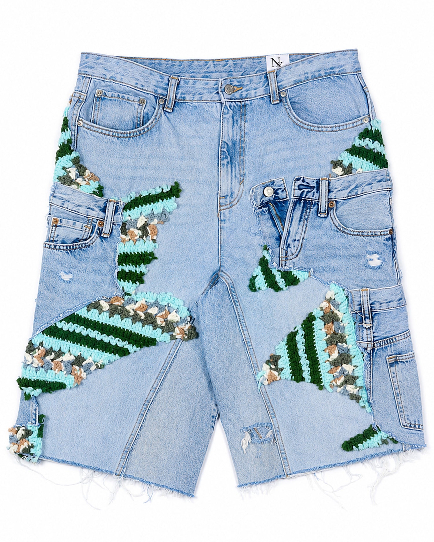 Teal Crochet x Patchwork Denim Shorts